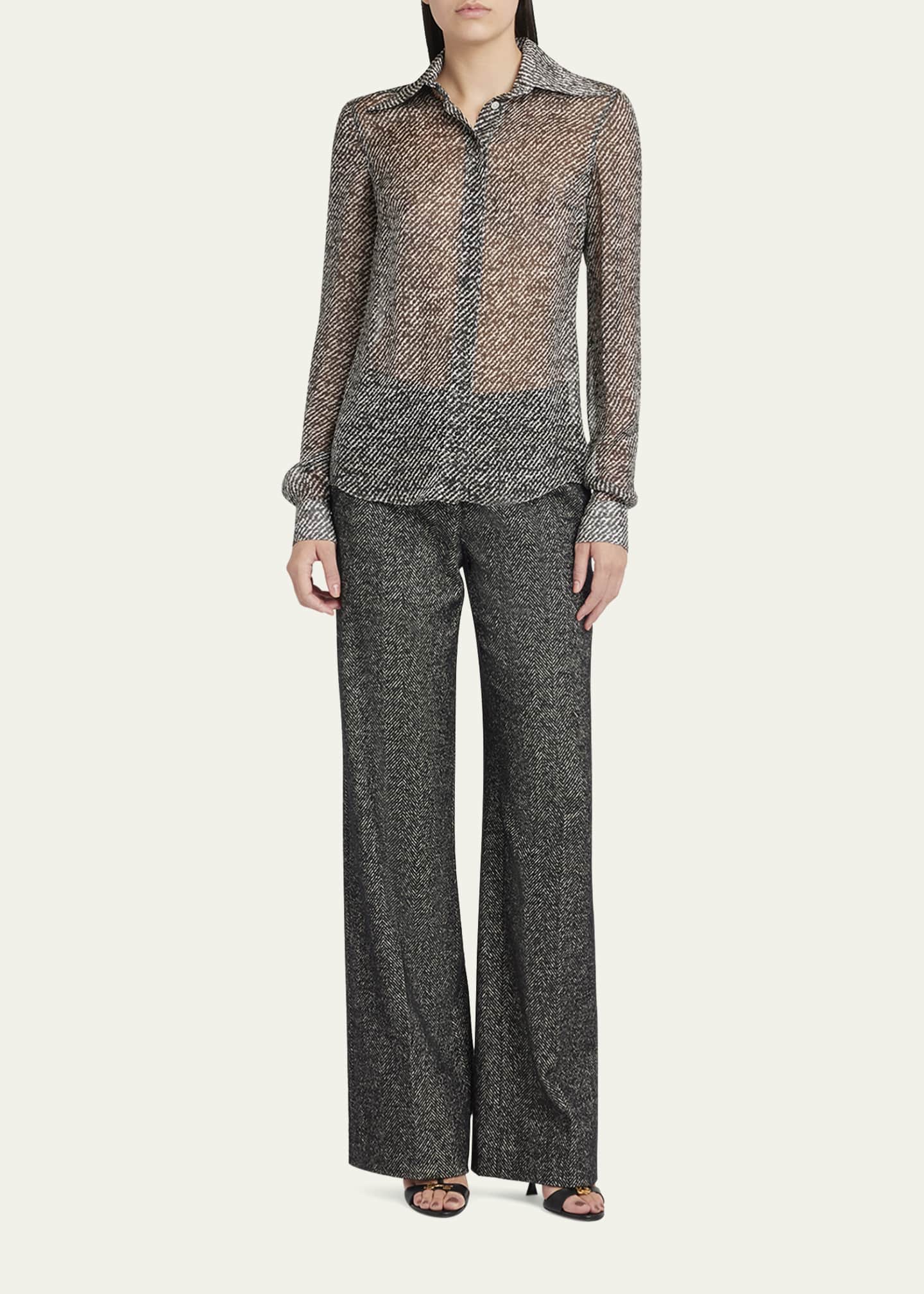 Dolce&Gabbana Boucle-Print Silk Chiffon Button-Down Shirt Image 2 of 5