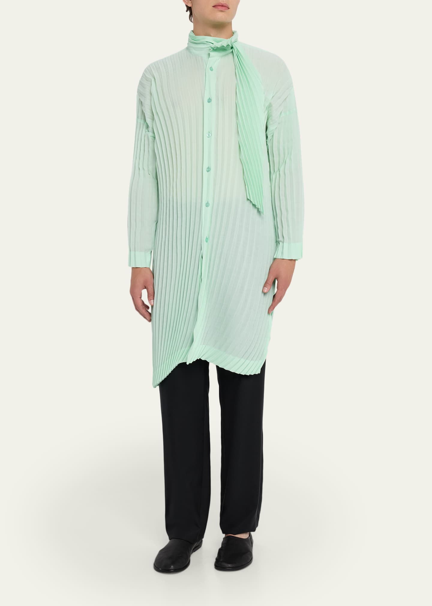 Homme Plisse Issey Miyake Men's Windswept Long Pleated Button-Down Shirt Image 4 of 5
