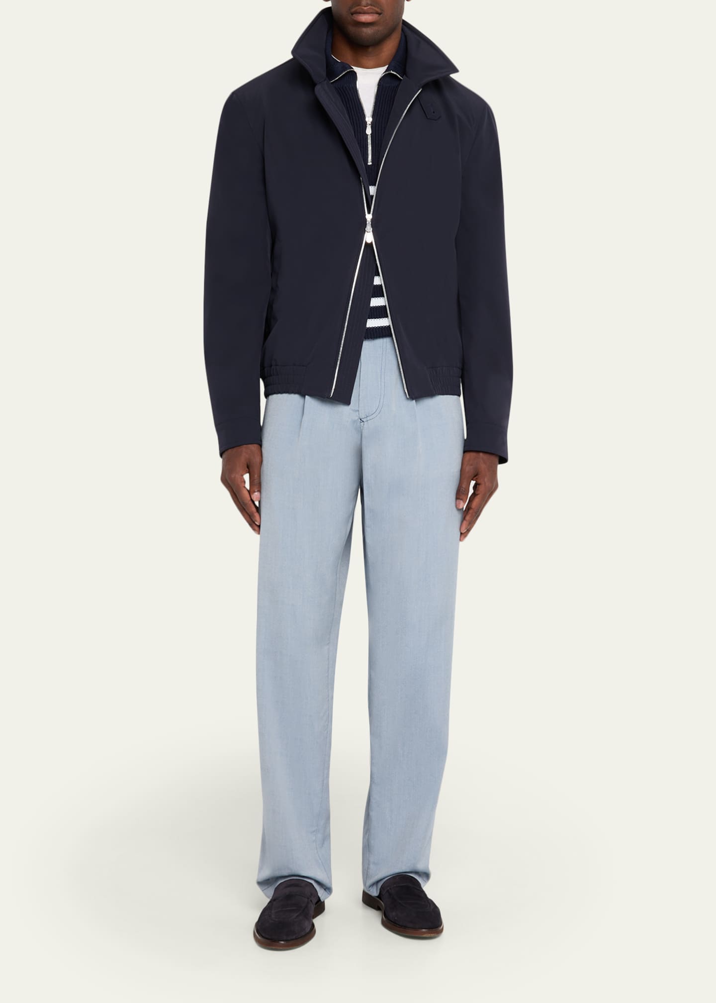 Giorgio Armani Men's Denim-Dyed Silk Pleated Trousers Image 2 of 5