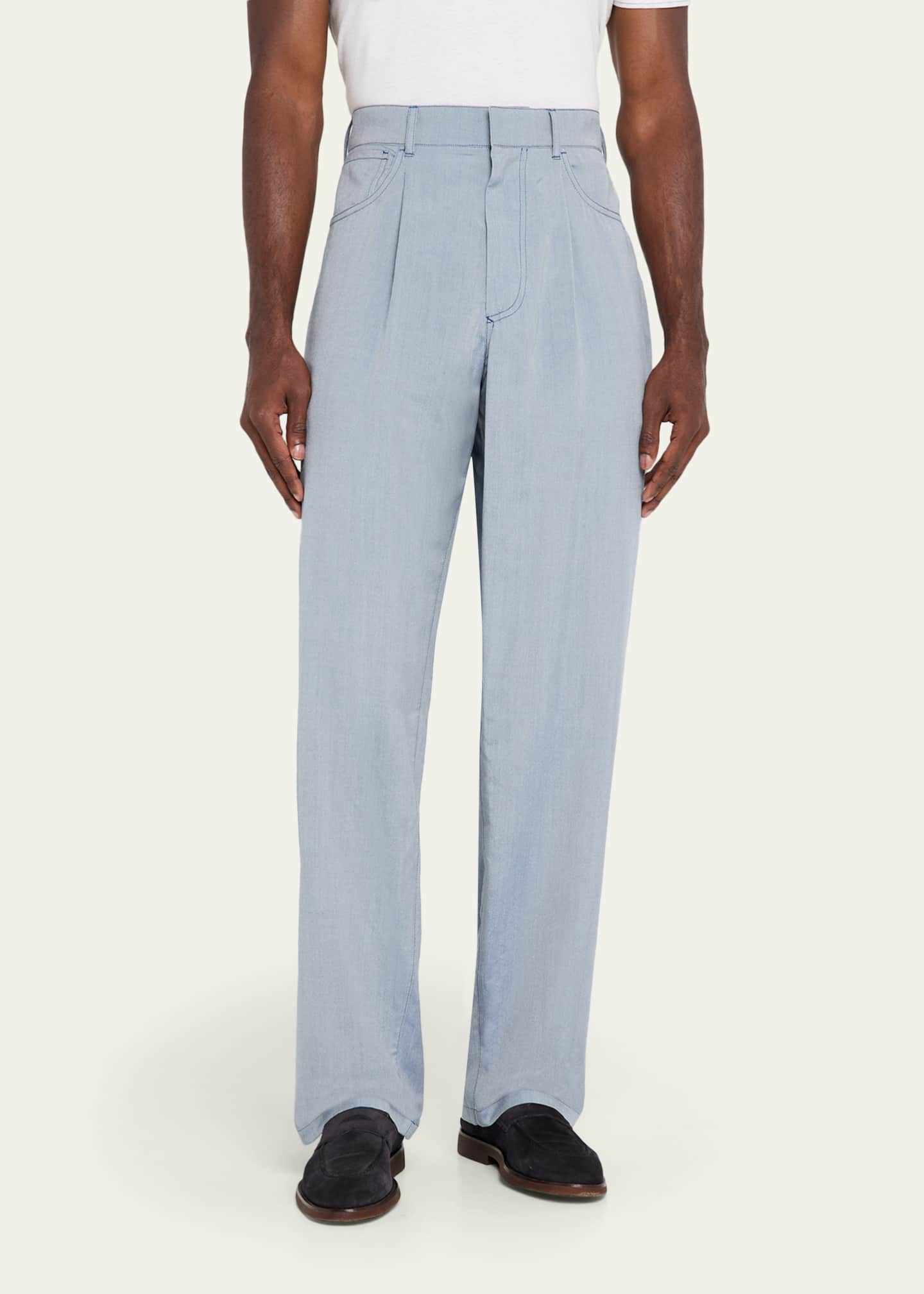 Giorgio Armani Men's Denim-Dyed Silk Pleated Trousers Image 4 of 5