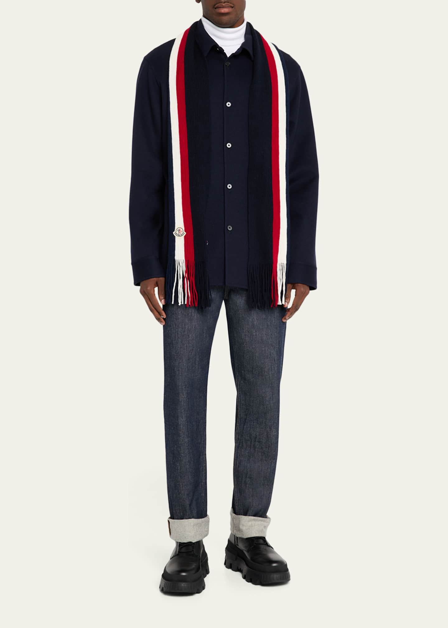 Moncler Men's Wool Tricolor Stripe Fringe Scarf - Bergdorf Goodman
