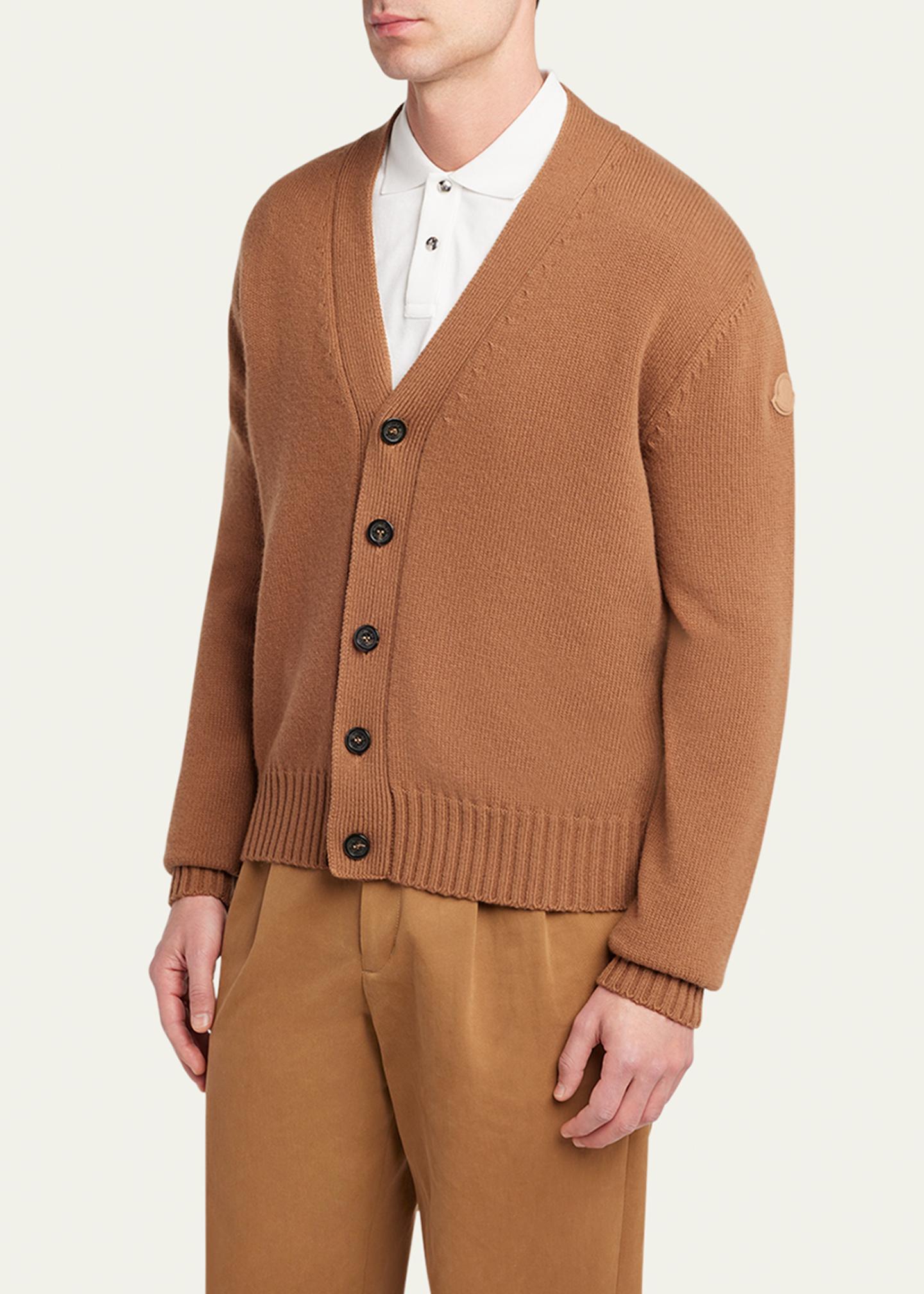 Moncler Men's Leather Logo Wool Knit Cardigan - Bergdorf Goodman