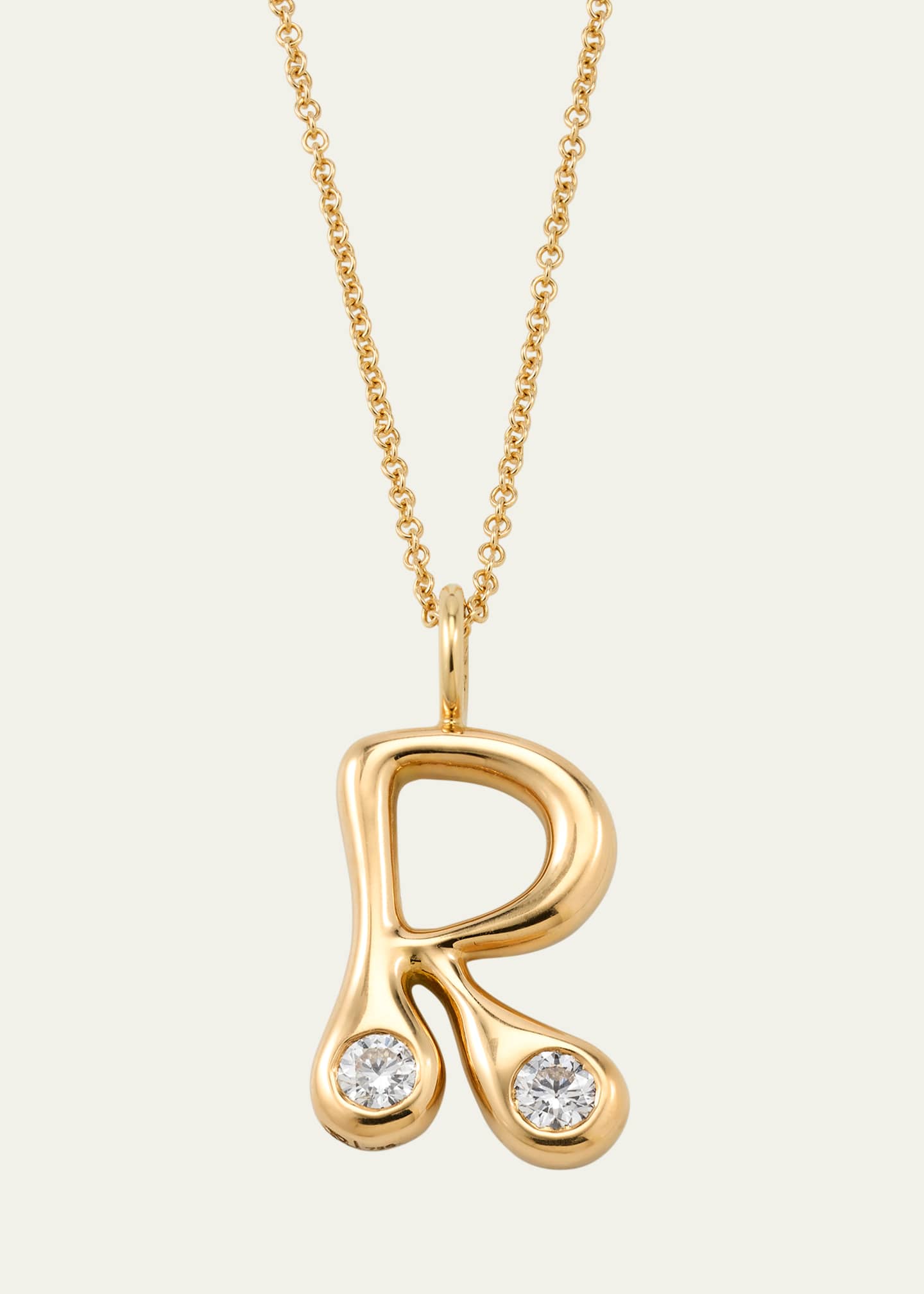 18K Bubble Letter Pendant Necklace with 2 Diamonds, 18"L
