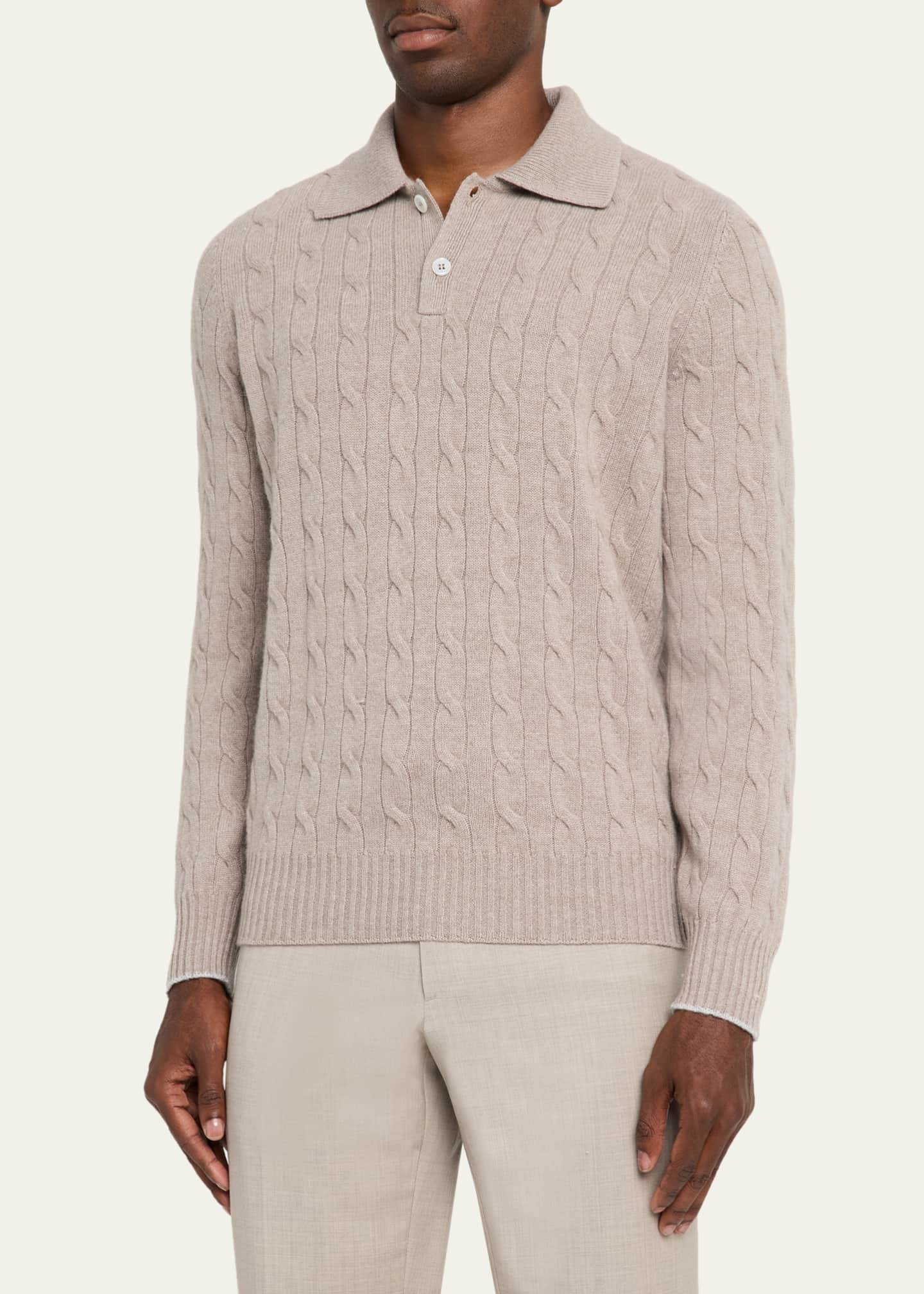 Brunello Cucinelli Men's Cashmere Cable Knit Polo Sweater Image 4 of 5