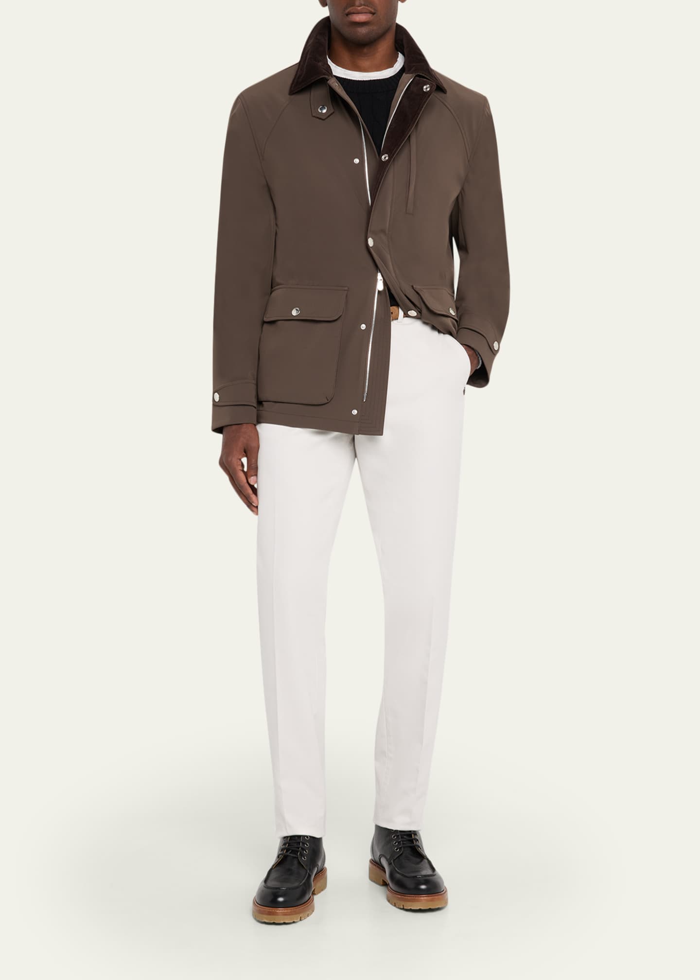 Brunello Cucinelli Men's Nylon Corduroy-Collar Full-Zip Jacket