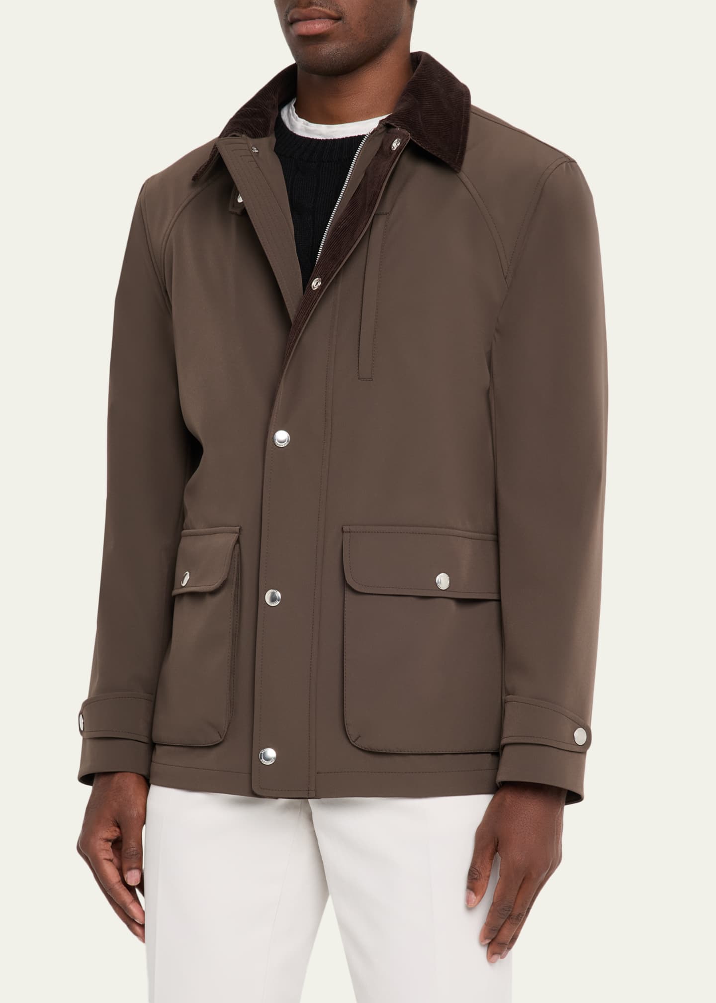 Brunello Cucinelli Men's Nylon Corduroy-Collar Full-Zip Jacket