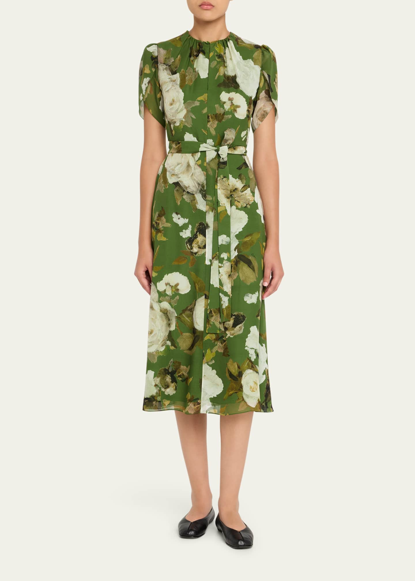 Erdem Floral Silk Short-Sleeve Belted Midi Dress Image 2 of 5