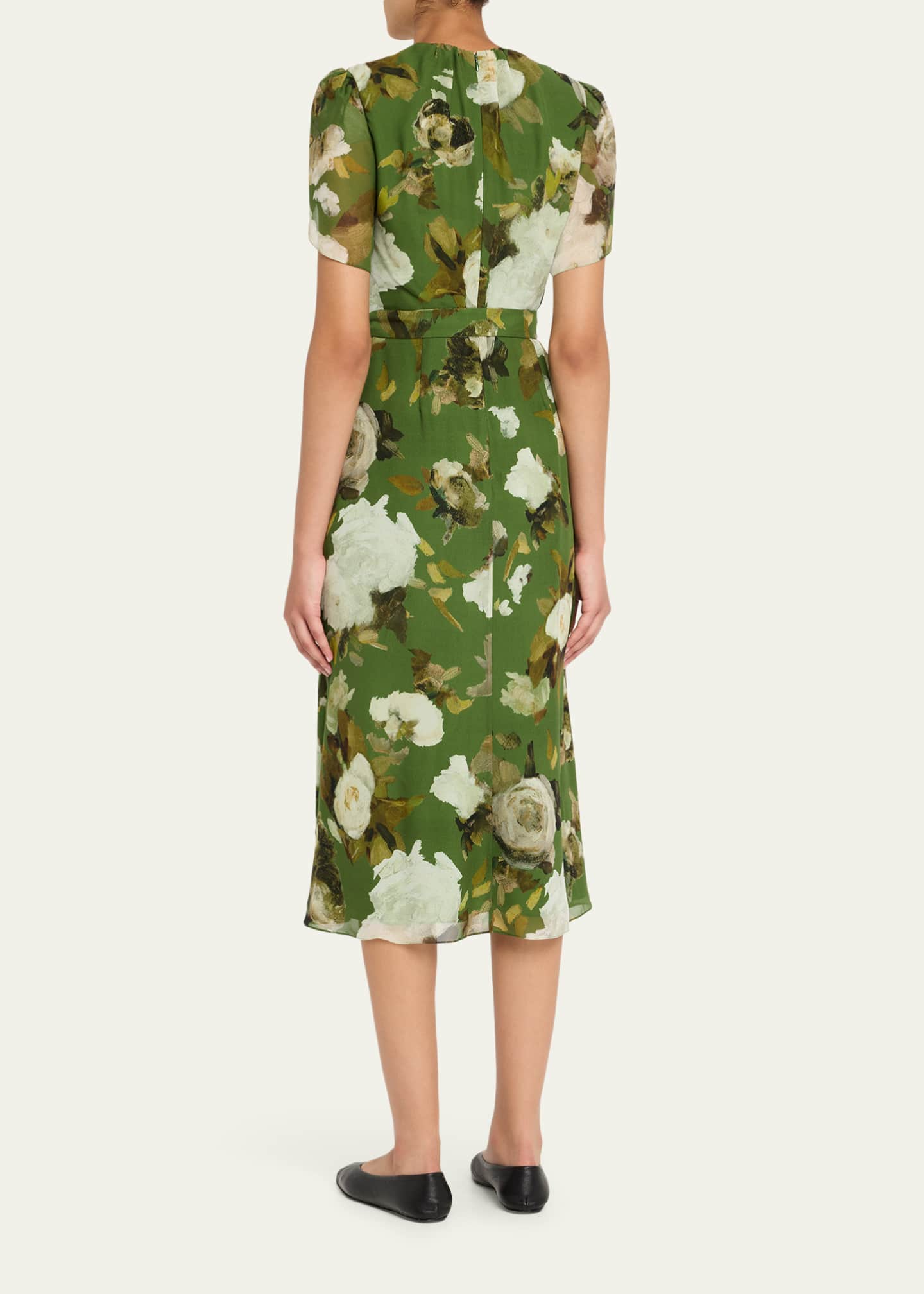 Erdem Floral Silk Short-Sleeve Belted Midi Dress Image 3 of 5