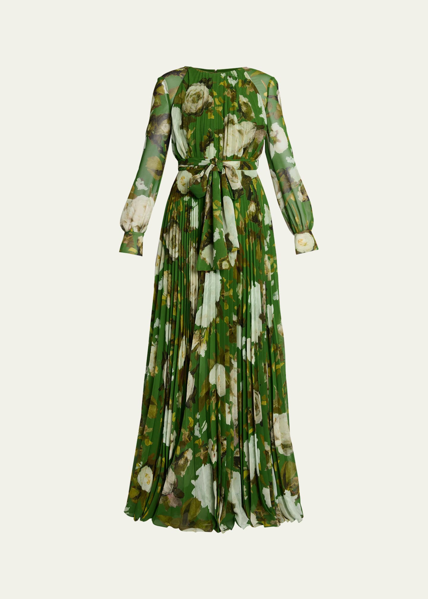 Erdem Long-Sleeve Pleated Floral Silk Gown