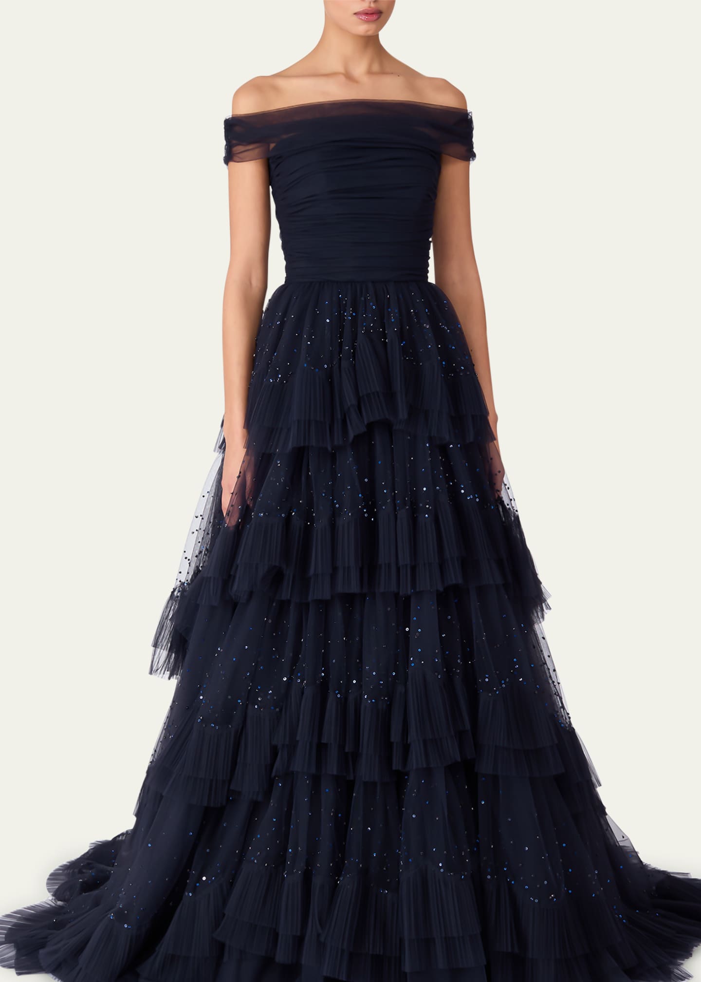 Jenny Packham Queenie Tiered Sequined Tulle Off-The-Shoulder Ballgown Image 2 of 4