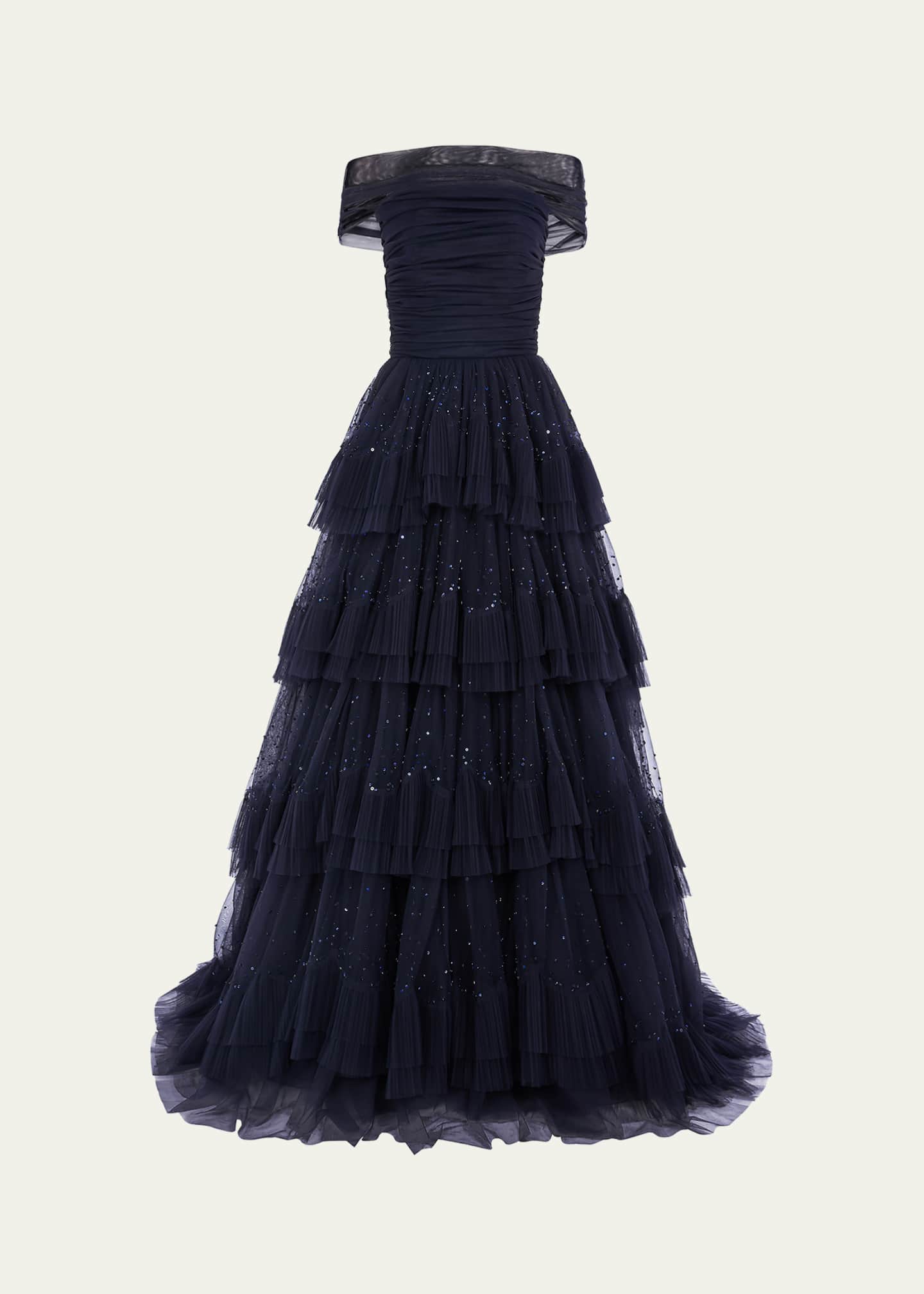 Jenny Packham Queenie Tiered Sequined Tulle Off-The-Shoulder Ballgown Image 1 of 4