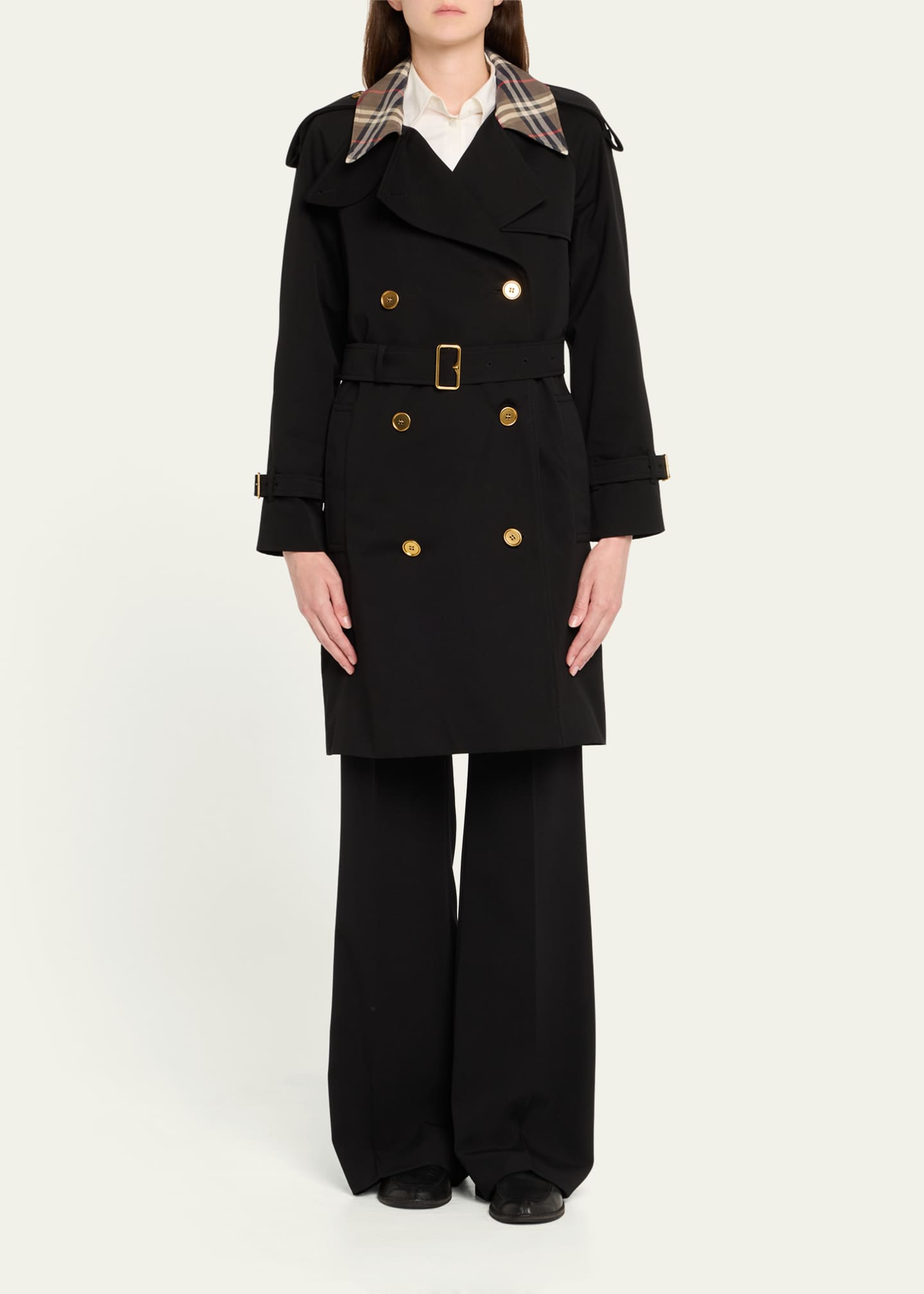 コート Burberry Castleford Double-Breasted Trench With Check Collar Burberry Castleford Check-Collar Belted Double-Breasted