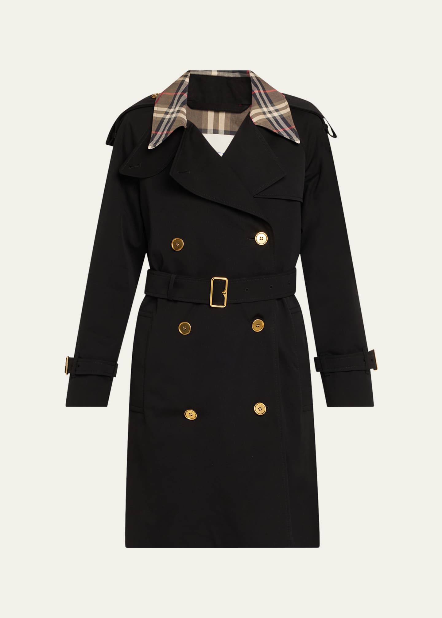 Burberry Castleford Check-Collar Belted Short Trench Coat