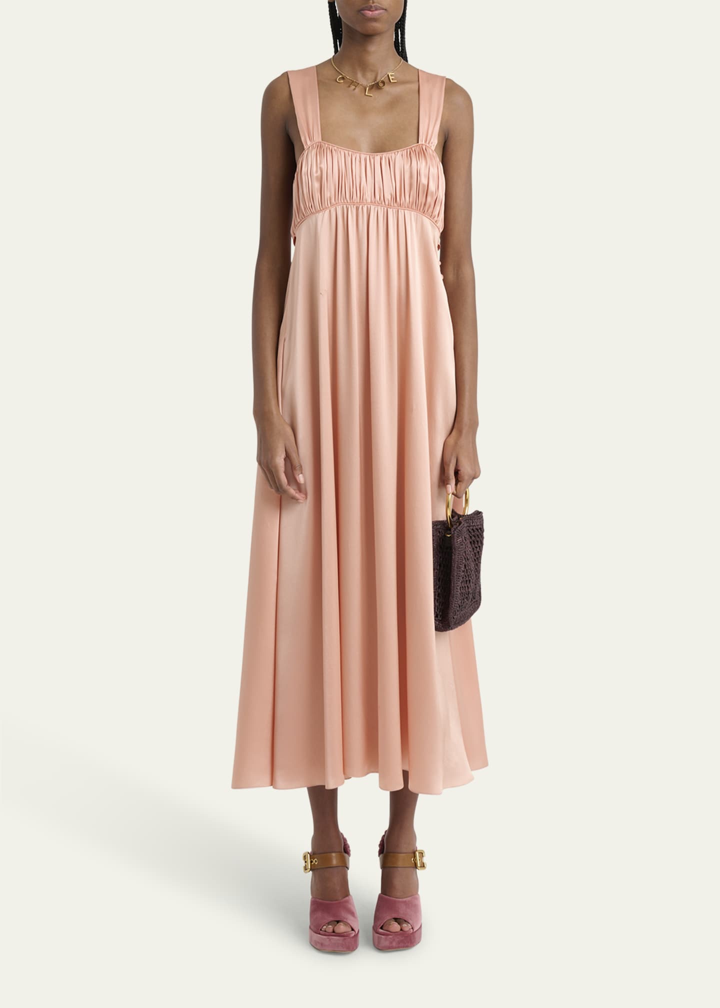 Chloe Sleeveless Shirred Silk Satin Midi Dress Image 2 of 5