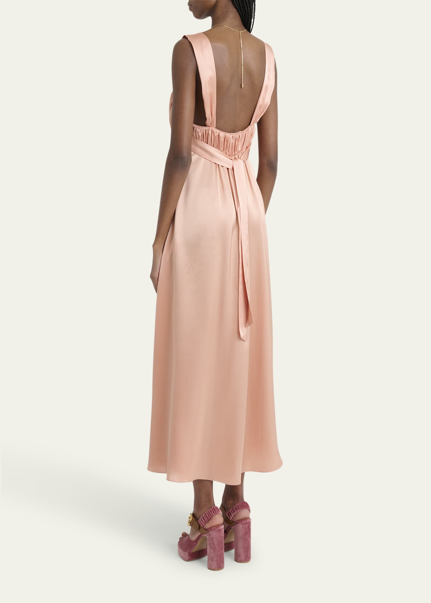Chloe Sleeveless Shirred Silk Satin Midi Dress Image 3 of 5