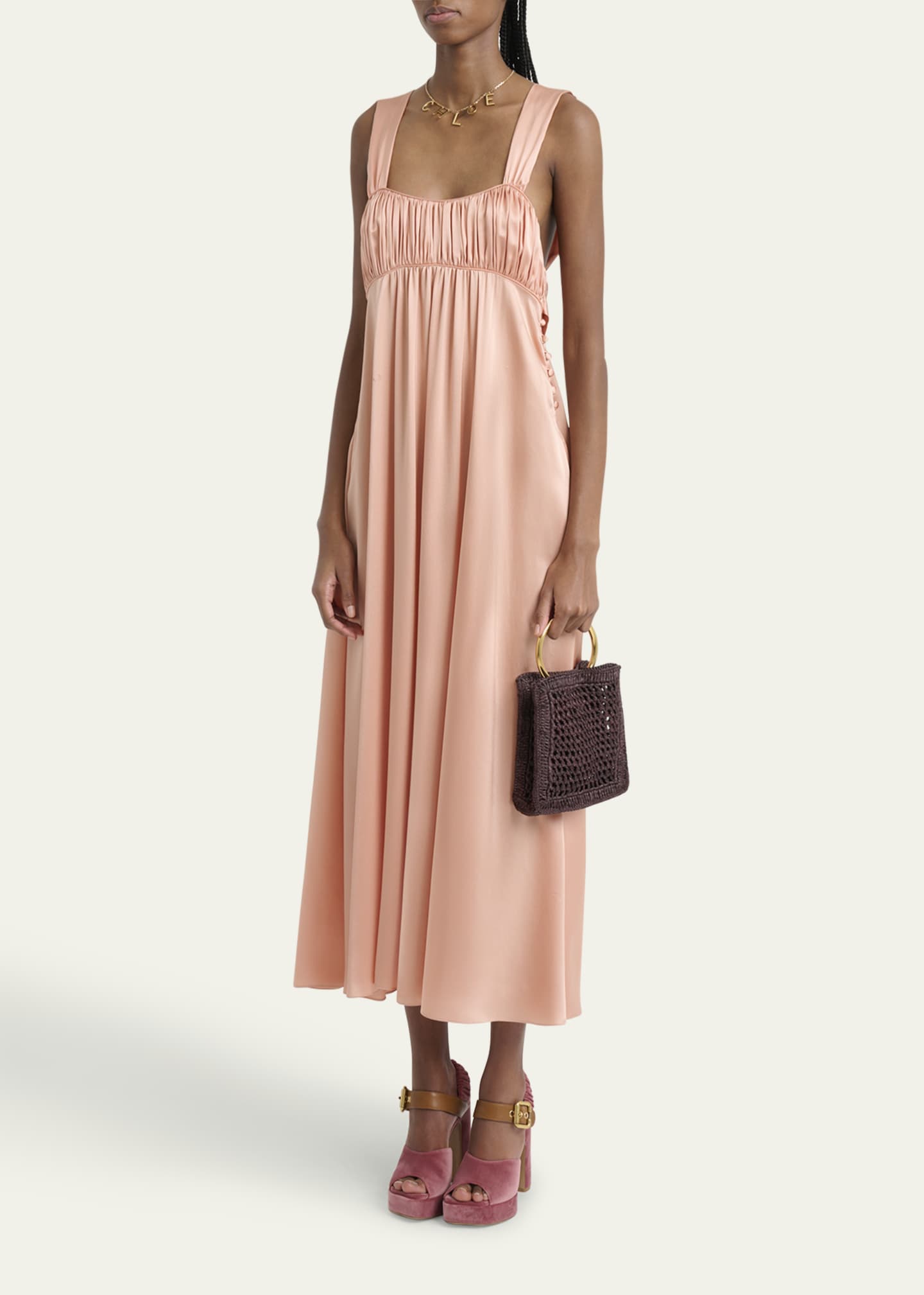 Chloe Sleeveless Shirred Silk Satin Midi Dress Image 4 of 5