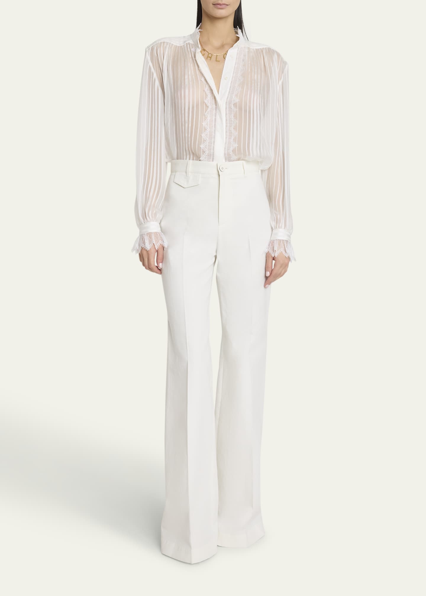 パンツ Chloe White Flared Trousers in Wool and Silk Woman CHLOÉ Cropped Frayed-Hem Slubbed-Silk Trousers in Cream