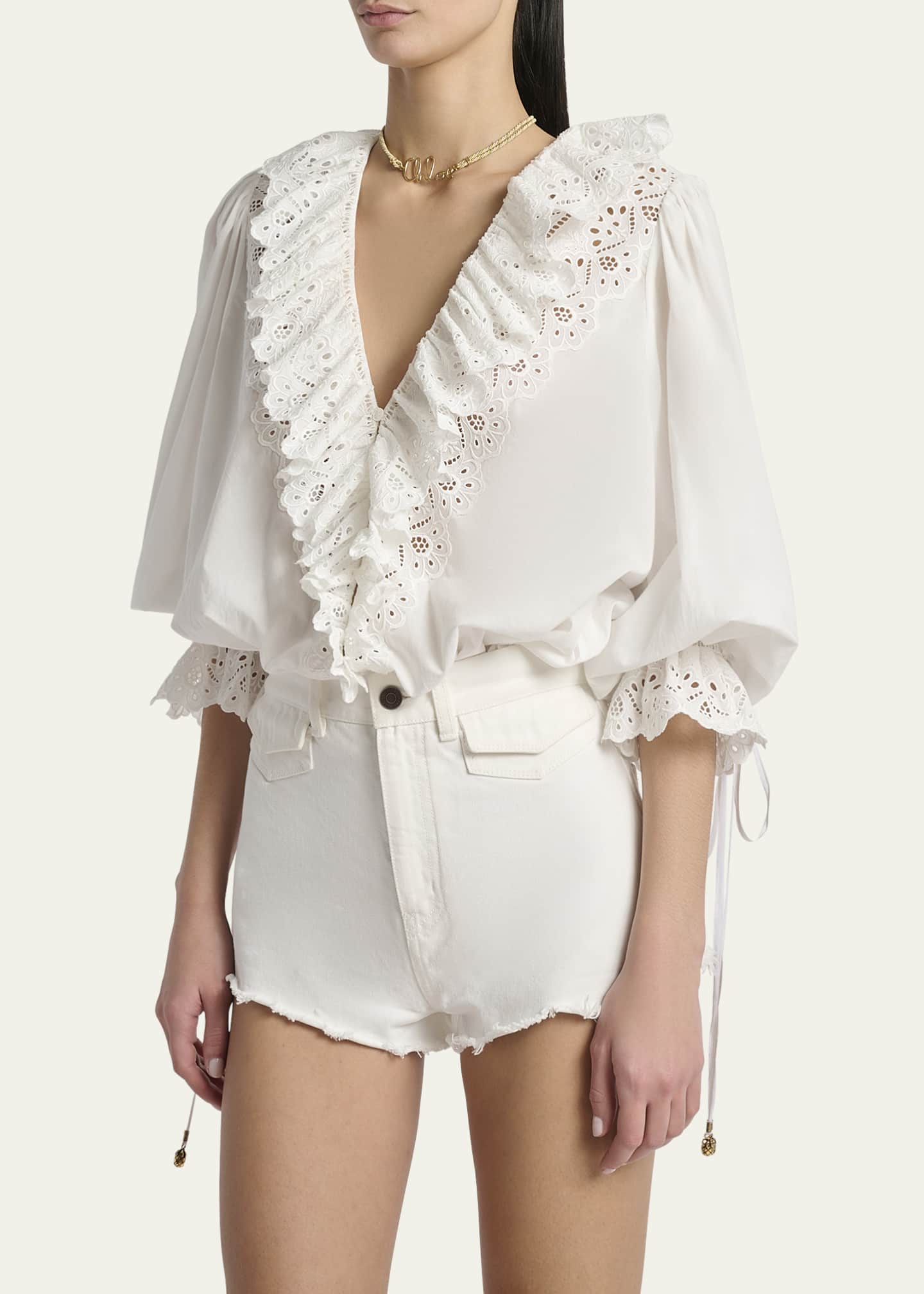 Chloe Eyelet-Embroidered Ruffle Cotton Voile Blouse Image 4 of 5