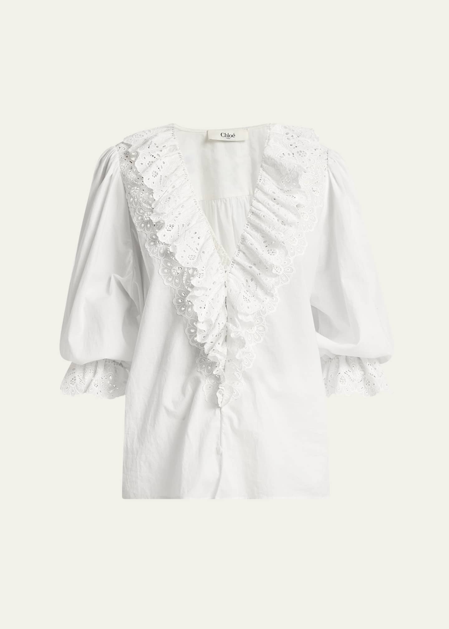 Chloe Eyelet-Embroidered Ruffle Cotton Voile Blouse Image 1 of 5