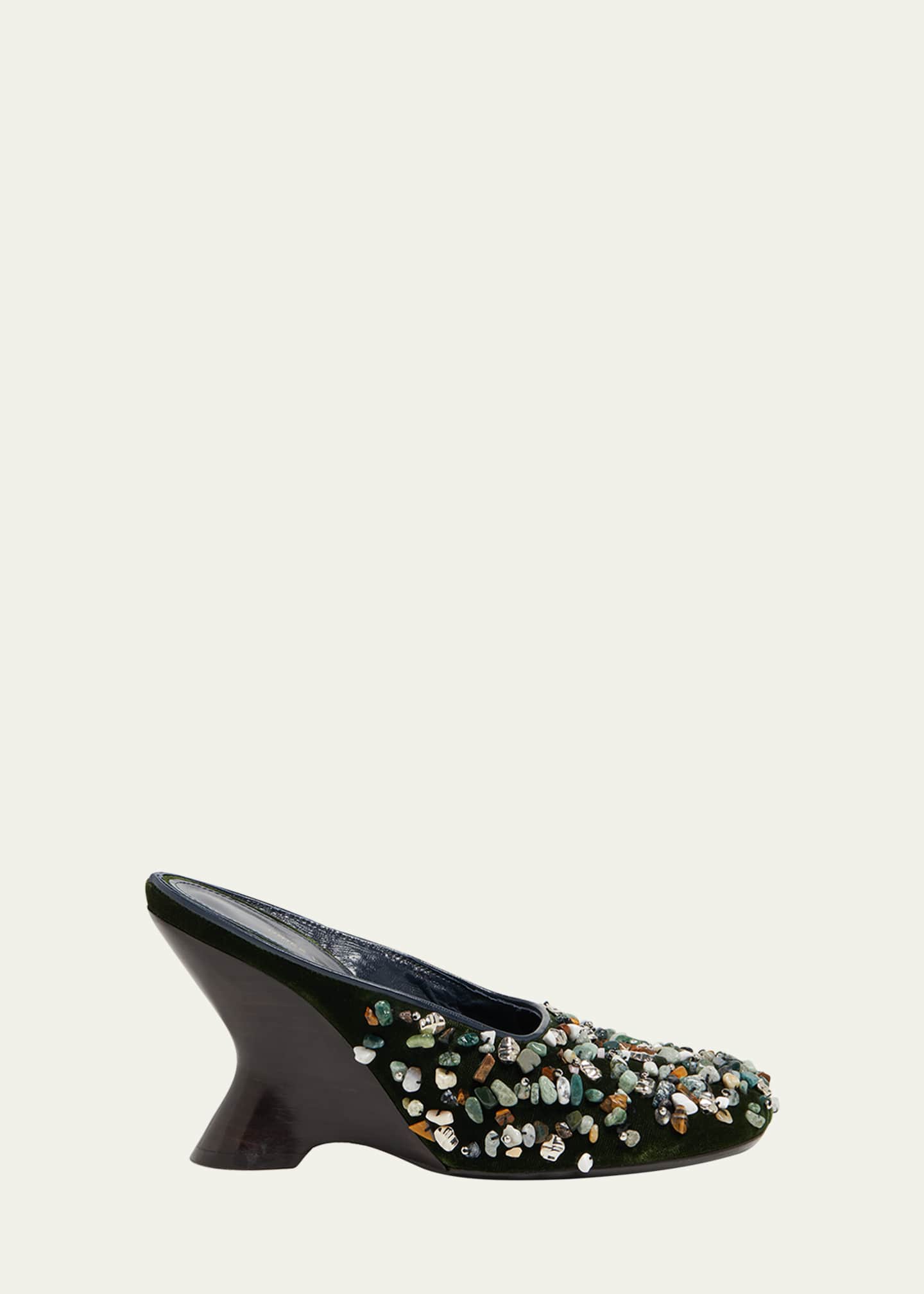 Dries Van Noten Gemstone Embellished Velvet Wedge Mules Image 1 of 4