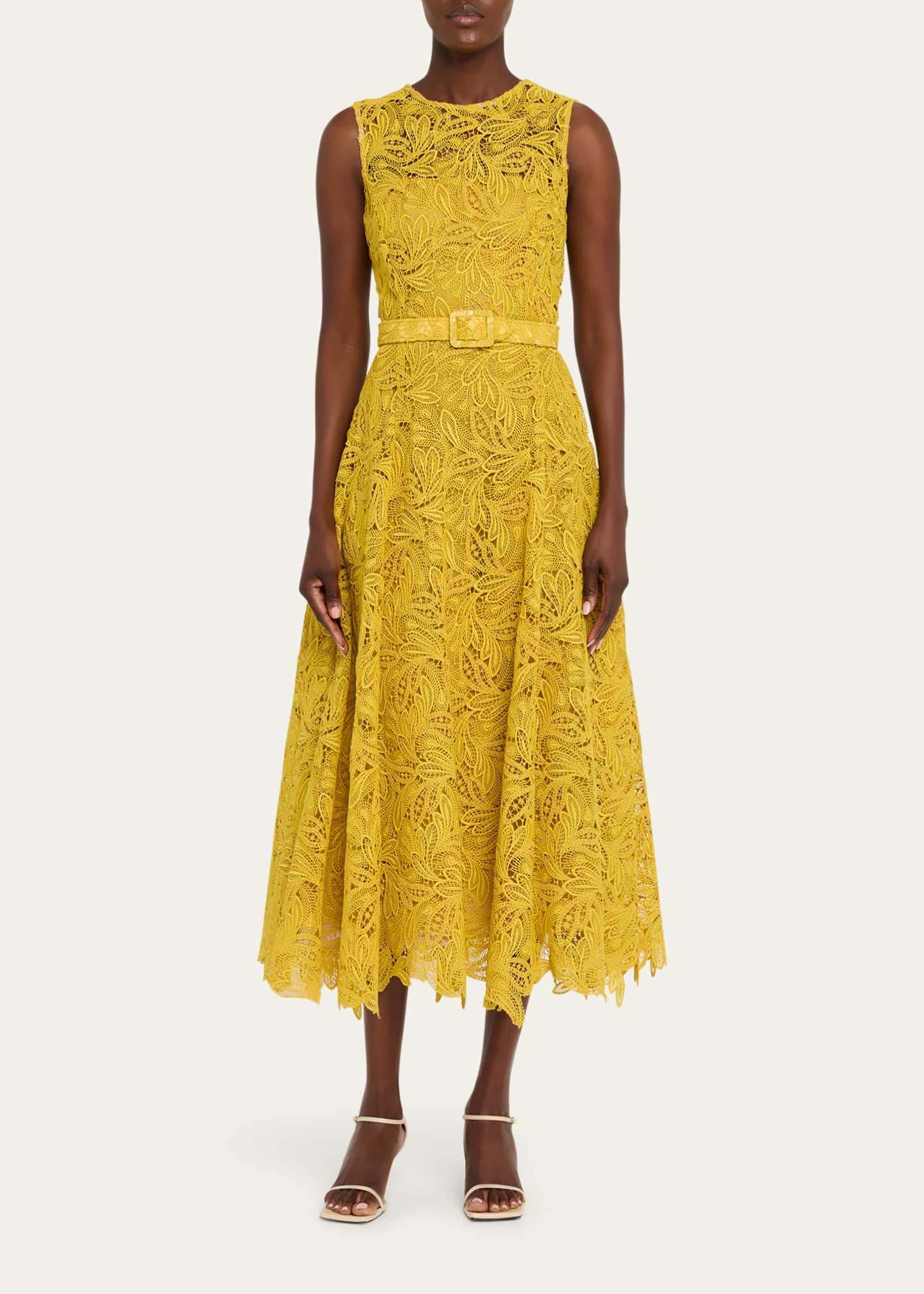 Oscar de la Renta Sleeveless Feather Scroll Guipure Midi Day Dress With Belt Image 2 of 5
