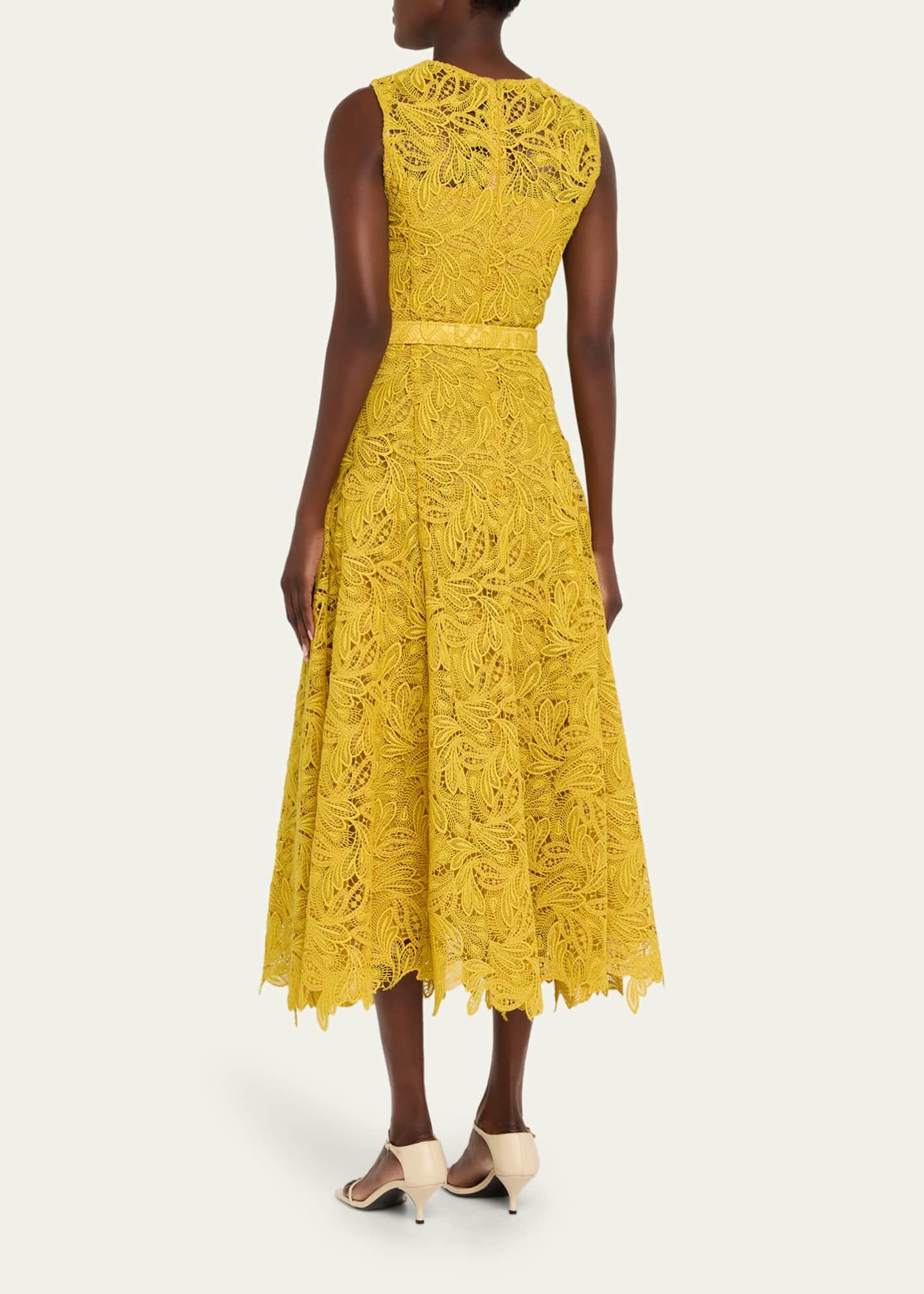 Oscar de la Renta Sleeveless Feather Scroll Guipure Midi Day Dress With Belt Image 3 of 5