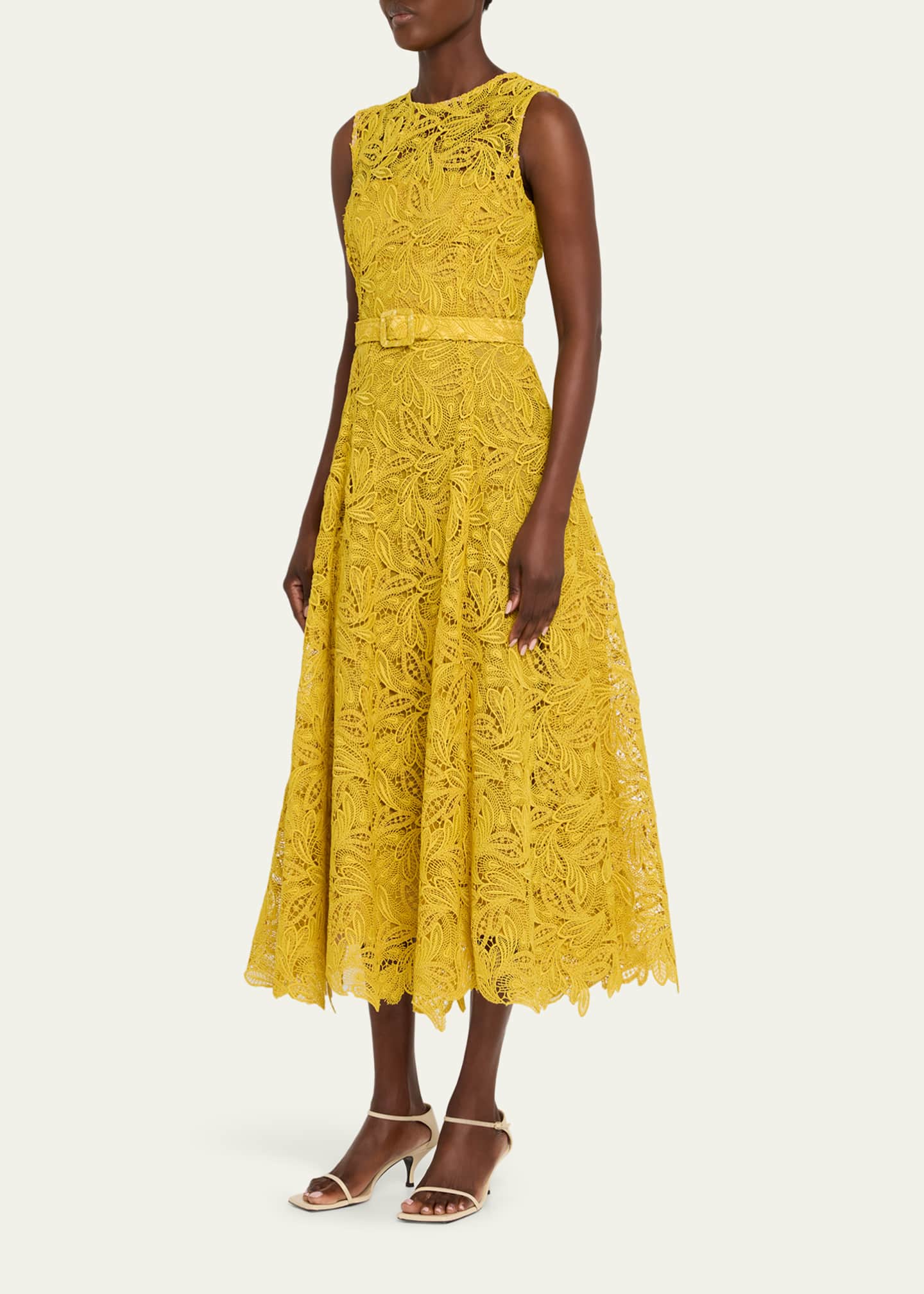 Oscar de la Renta Sleeveless Feather Scroll Guipure Midi Day Dress With Belt Image 4 of 5