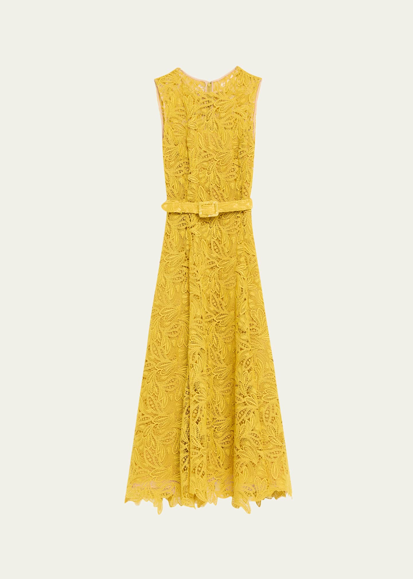 Oscar de la Renta Sleeveless Feather Scroll Guipure Midi Day Dress With Belt Image 1 of 5