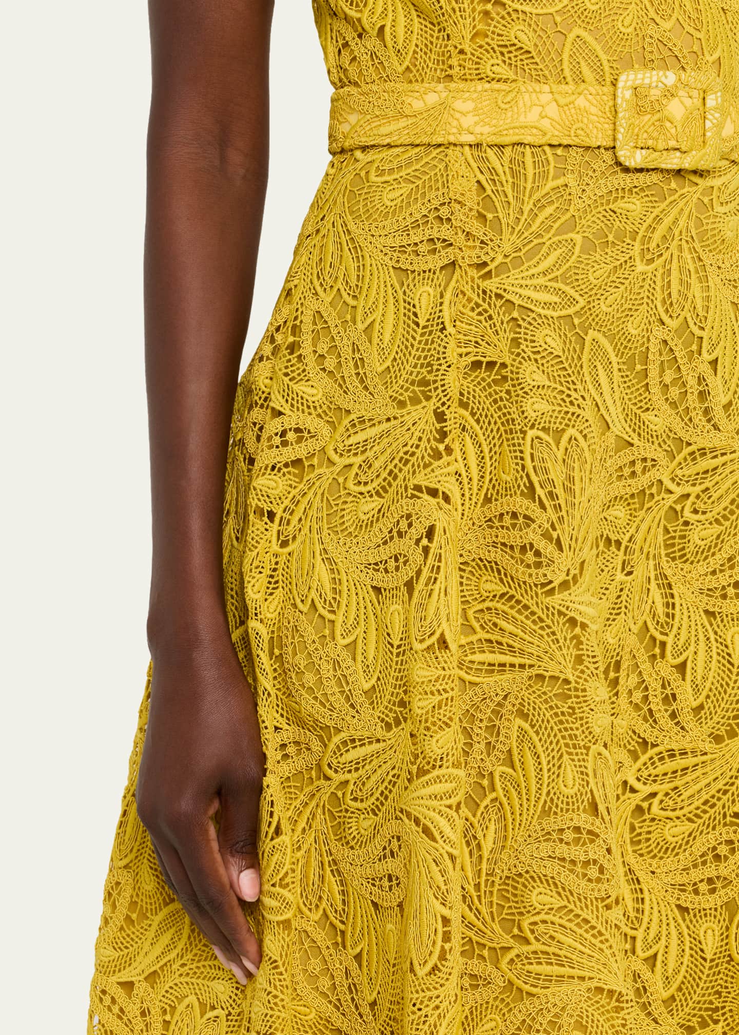 Oscar de la Renta Sleeveless Feather Scroll Guipure Midi Day Dress With Belt Image 5 of 5