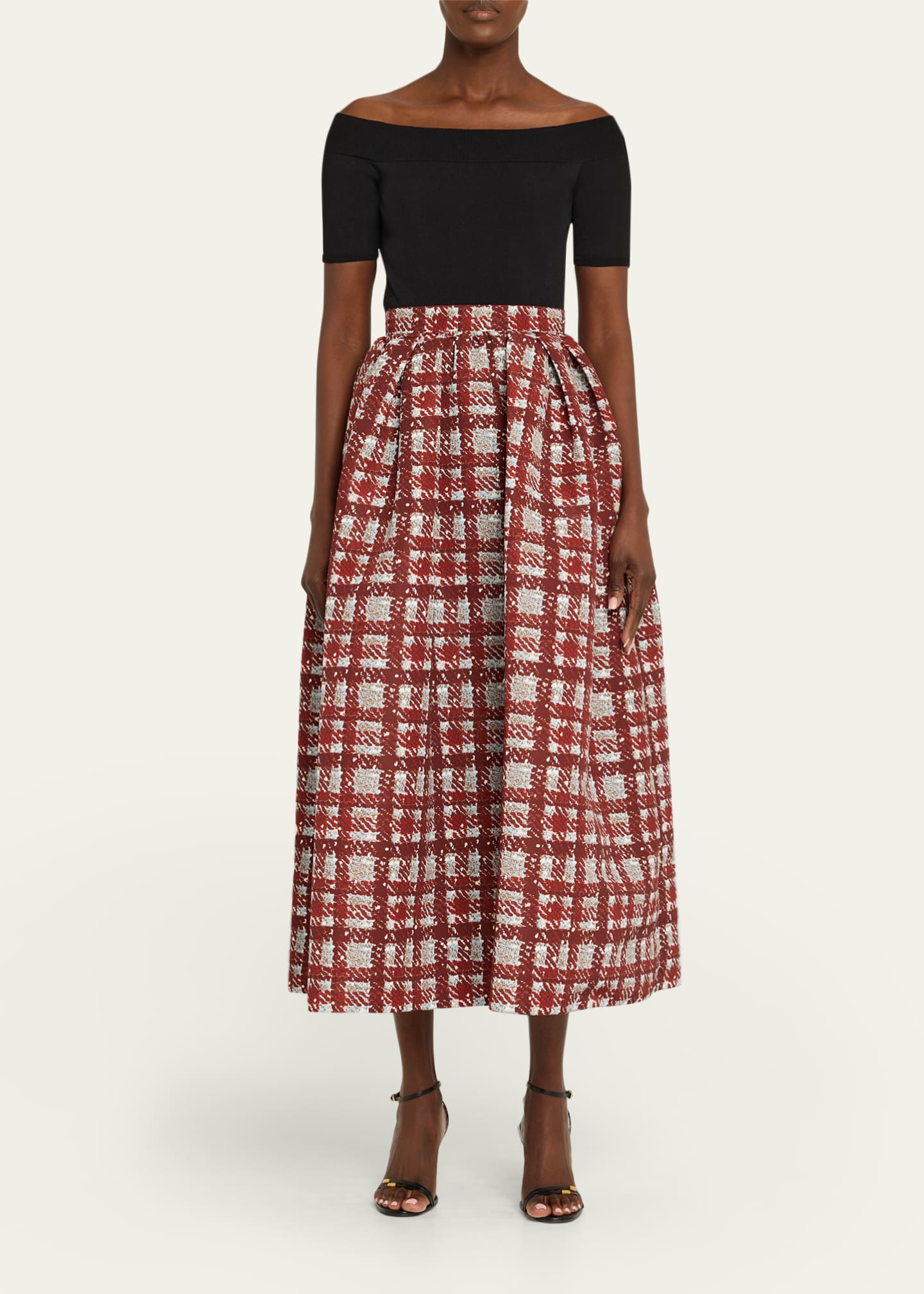 Oscar de la Renta Textured Plaid-Print Pleated Midi Circle Skirt Image 2 of 5