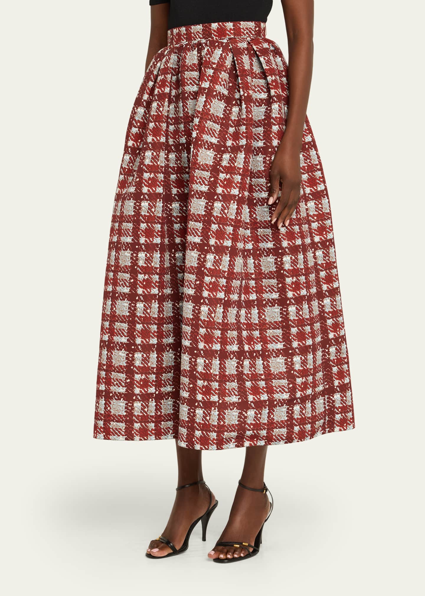 Oscar de la Renta Textured Plaid-Print Pleated Midi Circle Skirt Image 4 of 5