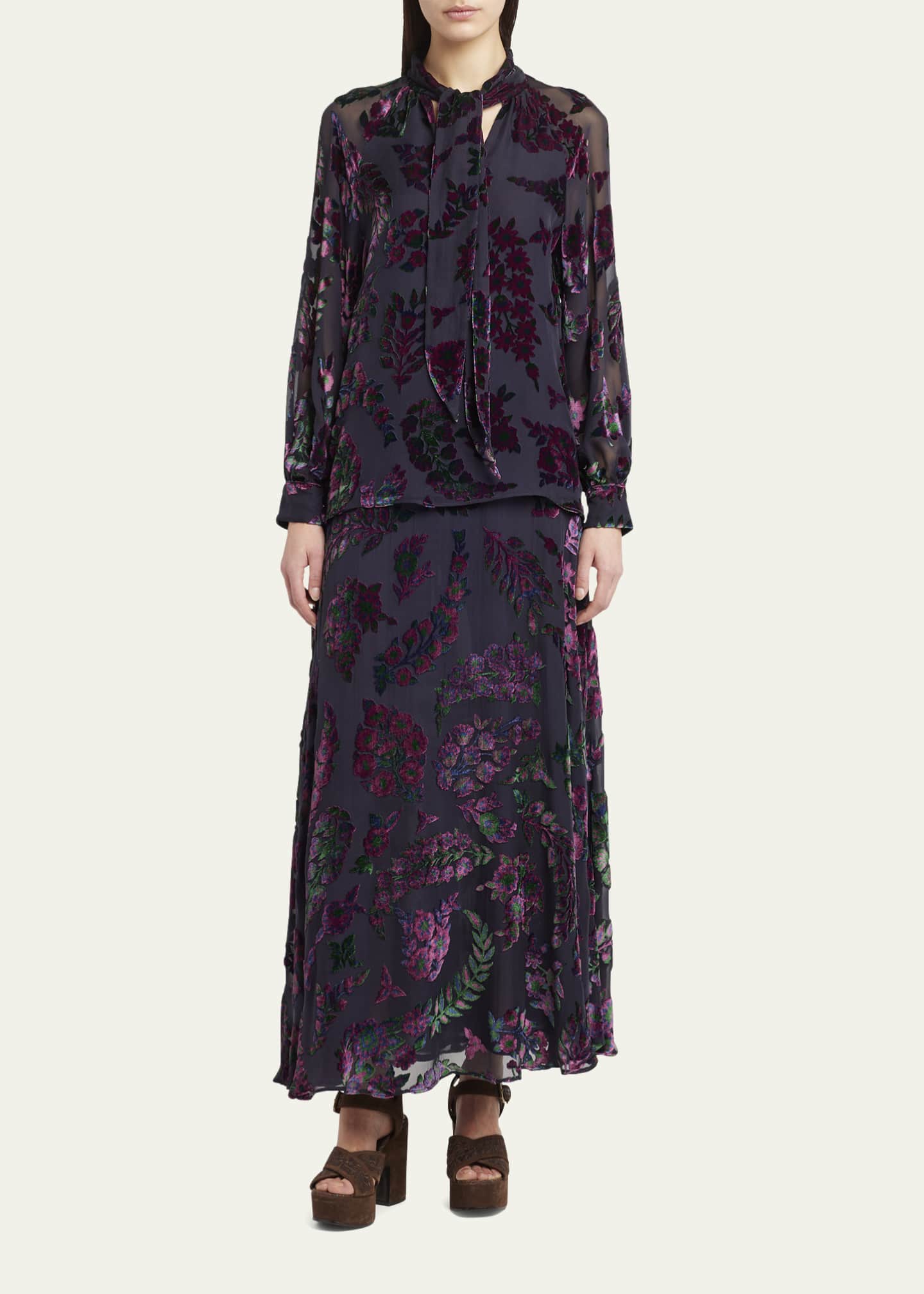 Etro Long-Sleeve Burnout Tie-Neck Blouse Image 2 of 5
