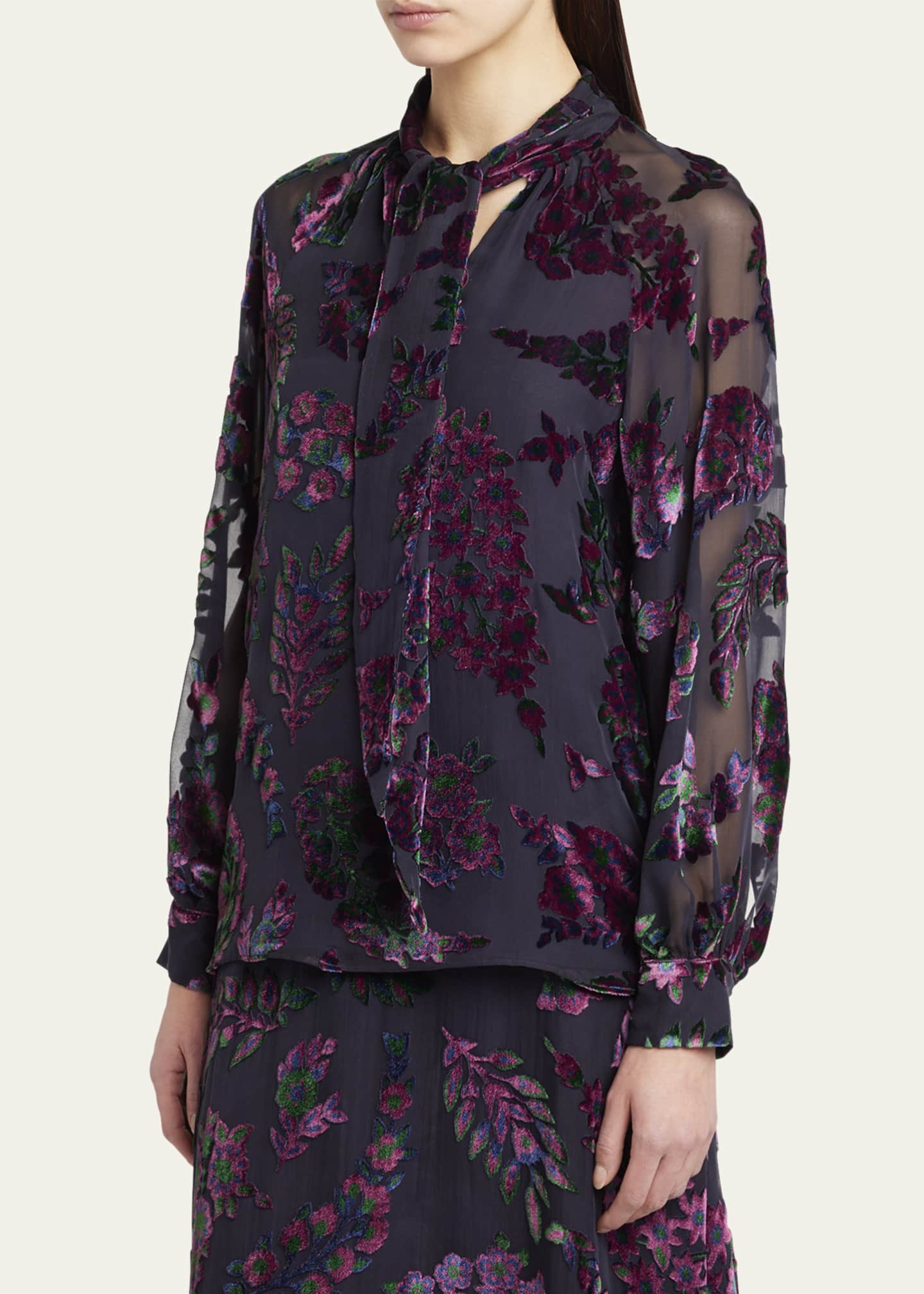 Etro Long-Sleeve Burnout Tie-Neck Blouse Image 4 of 5