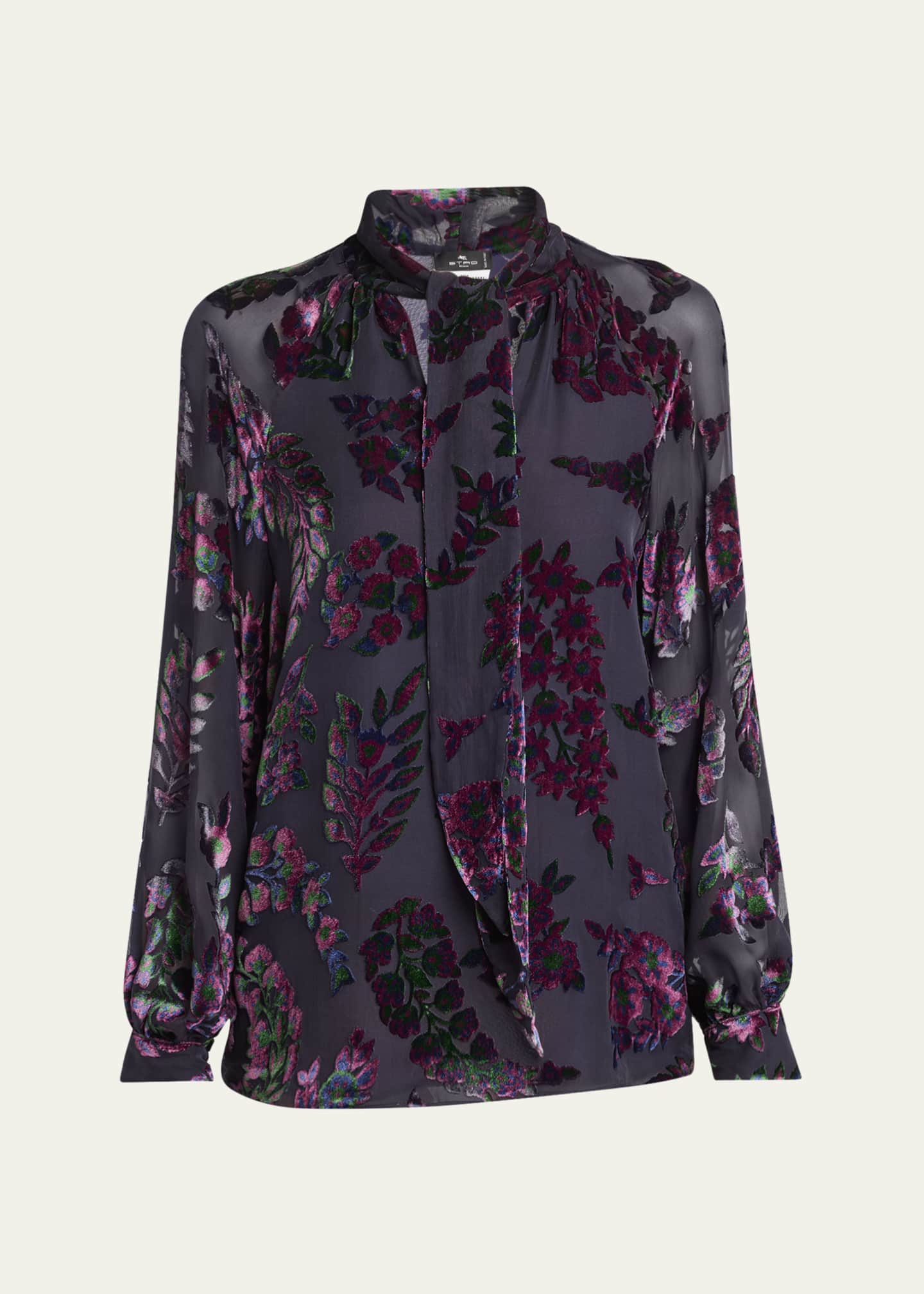 Etro Long-Sleeve Burnout Tie-Neck Blouse Image 1 of 5
