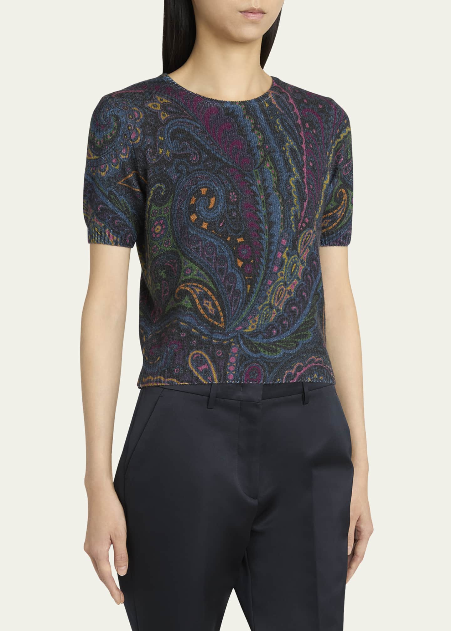 Etro Short-Sleeve Knit Paisley Sweater Image 4 of 5