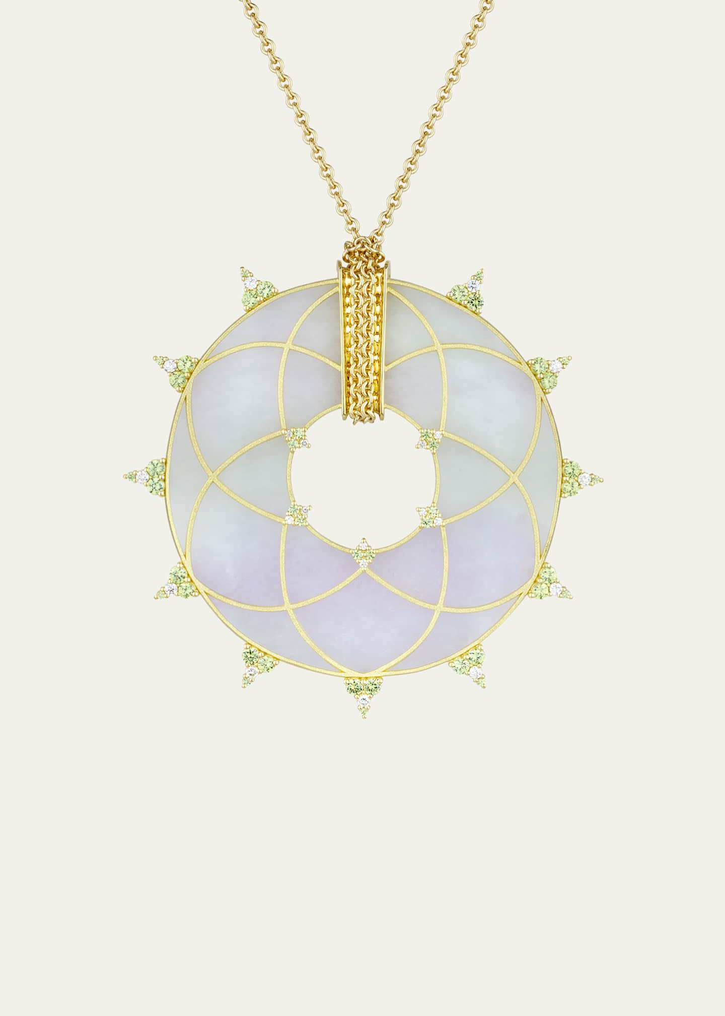 Paul Morelli 18K Yellow Gold White Diamond, Demantoid Garnet and Lavender Jade Disc Necklace