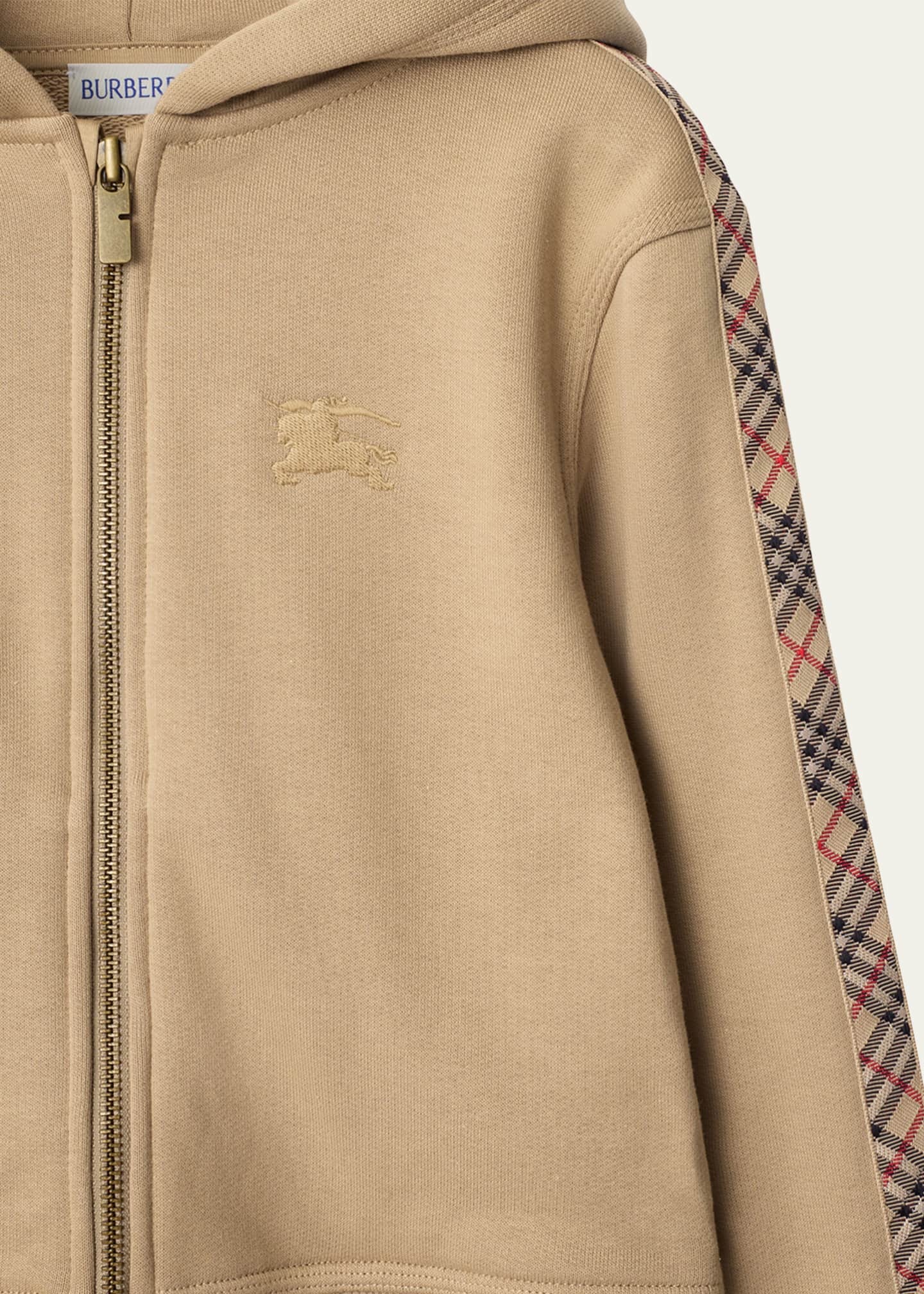 Burberry Boy's Clyde Check Tape Zip-Front Hoodie, Size 3-14