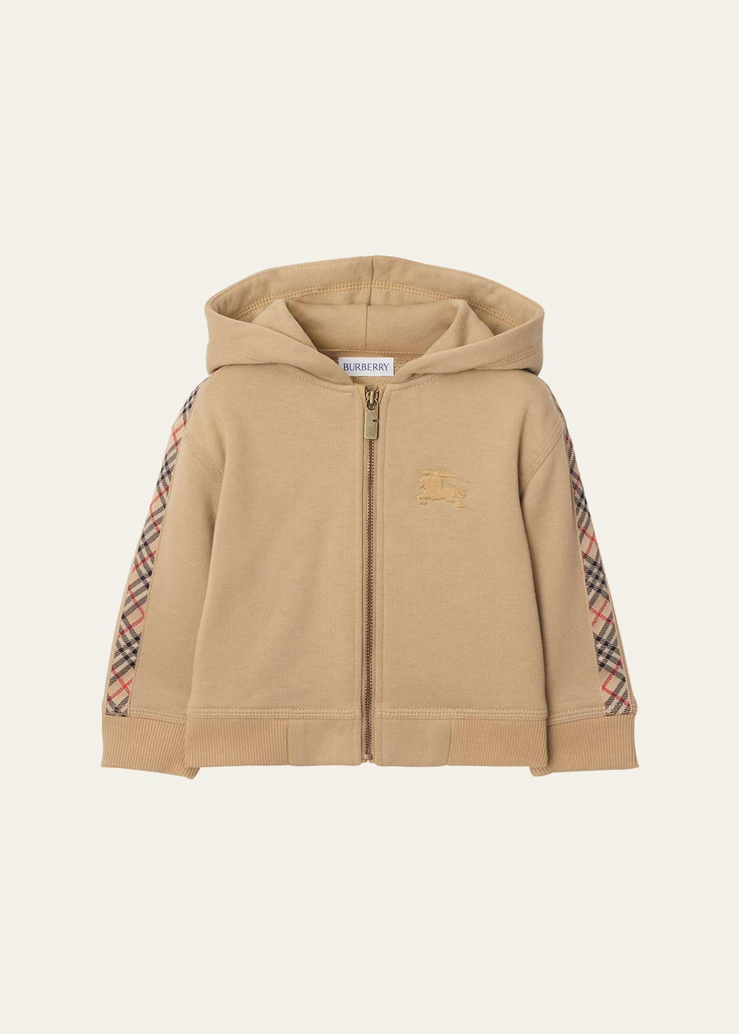 Burberry Kid's Clyde Check Tape Zip-Front Hoodie, Size 6M-2