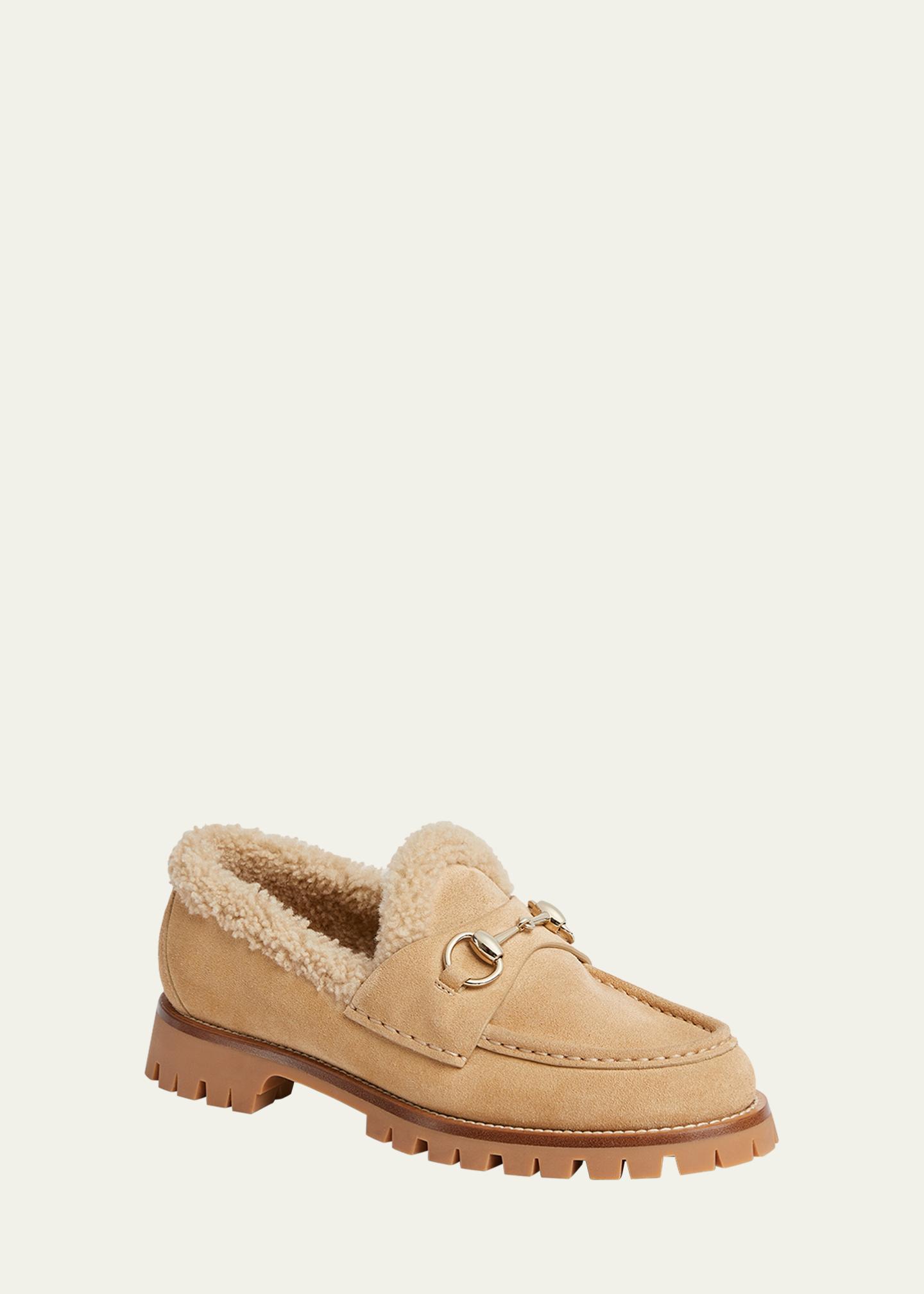 Gucci Sylke Suede Shearling-Lined Horsebit Loafers 