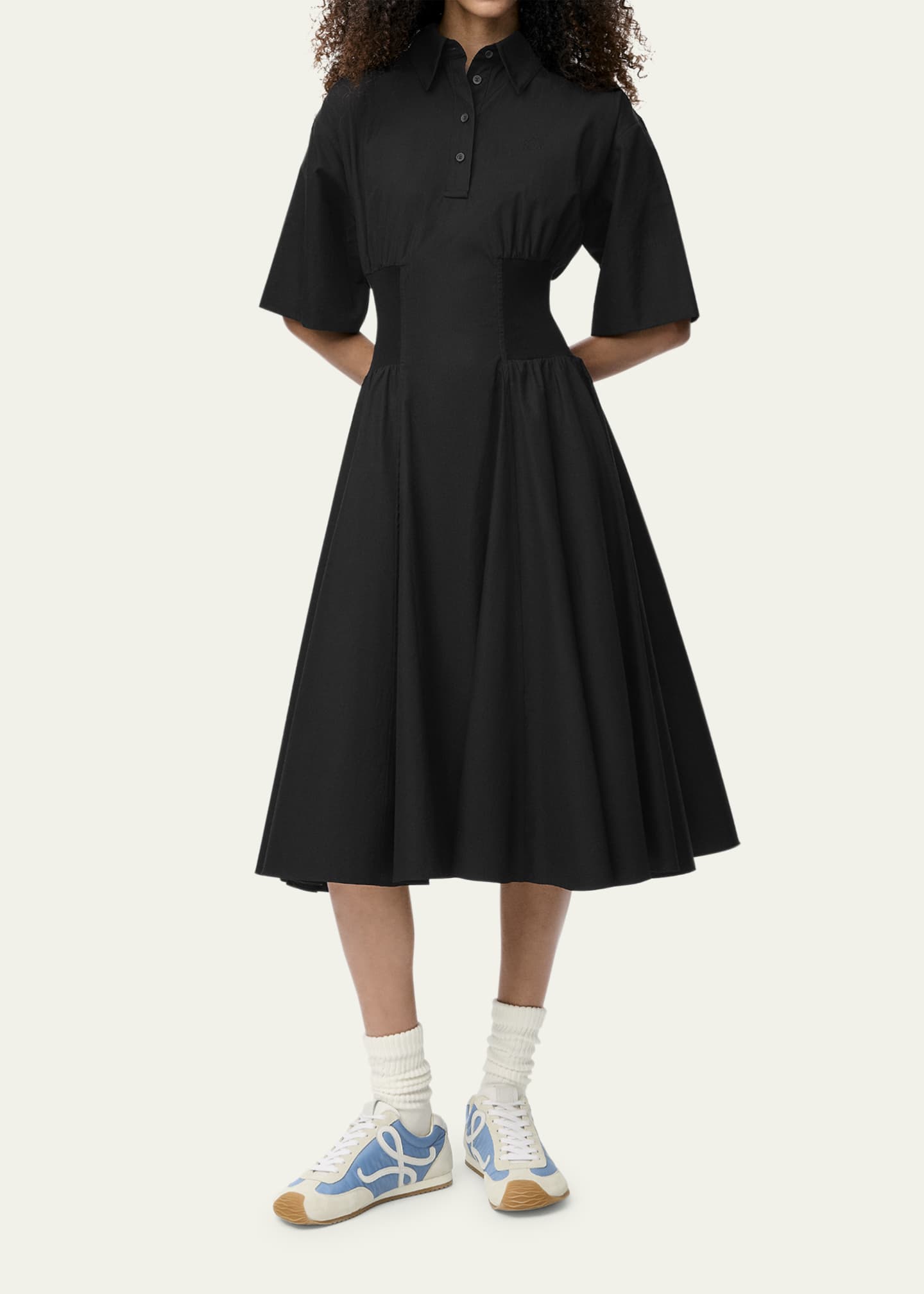 Short-Sleeve Cinched-Waist Poplin Midi Shirtdress