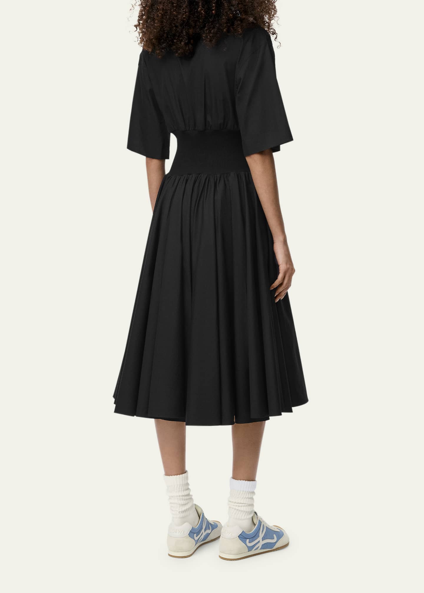 Short-Sleeve Cinched-Waist Poplin Midi Shirtdress