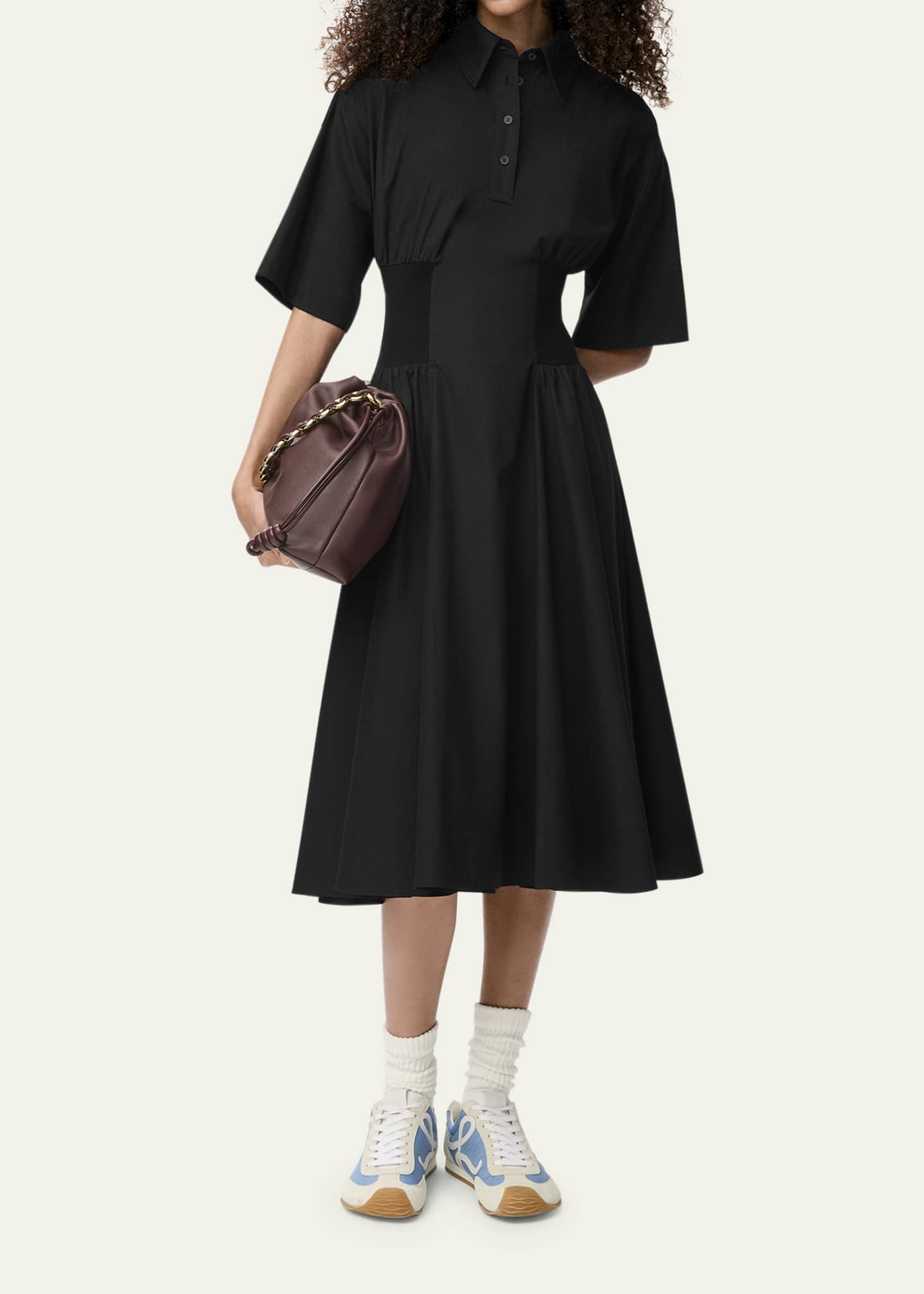Short-Sleeve Cinched-Waist Poplin Midi Shirtdress