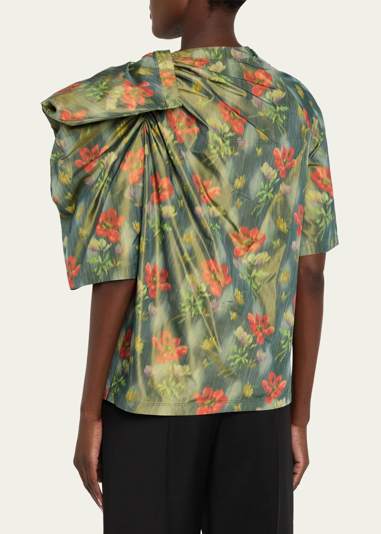 Floral Taffeta Asymmetric Puff Shoulder Top