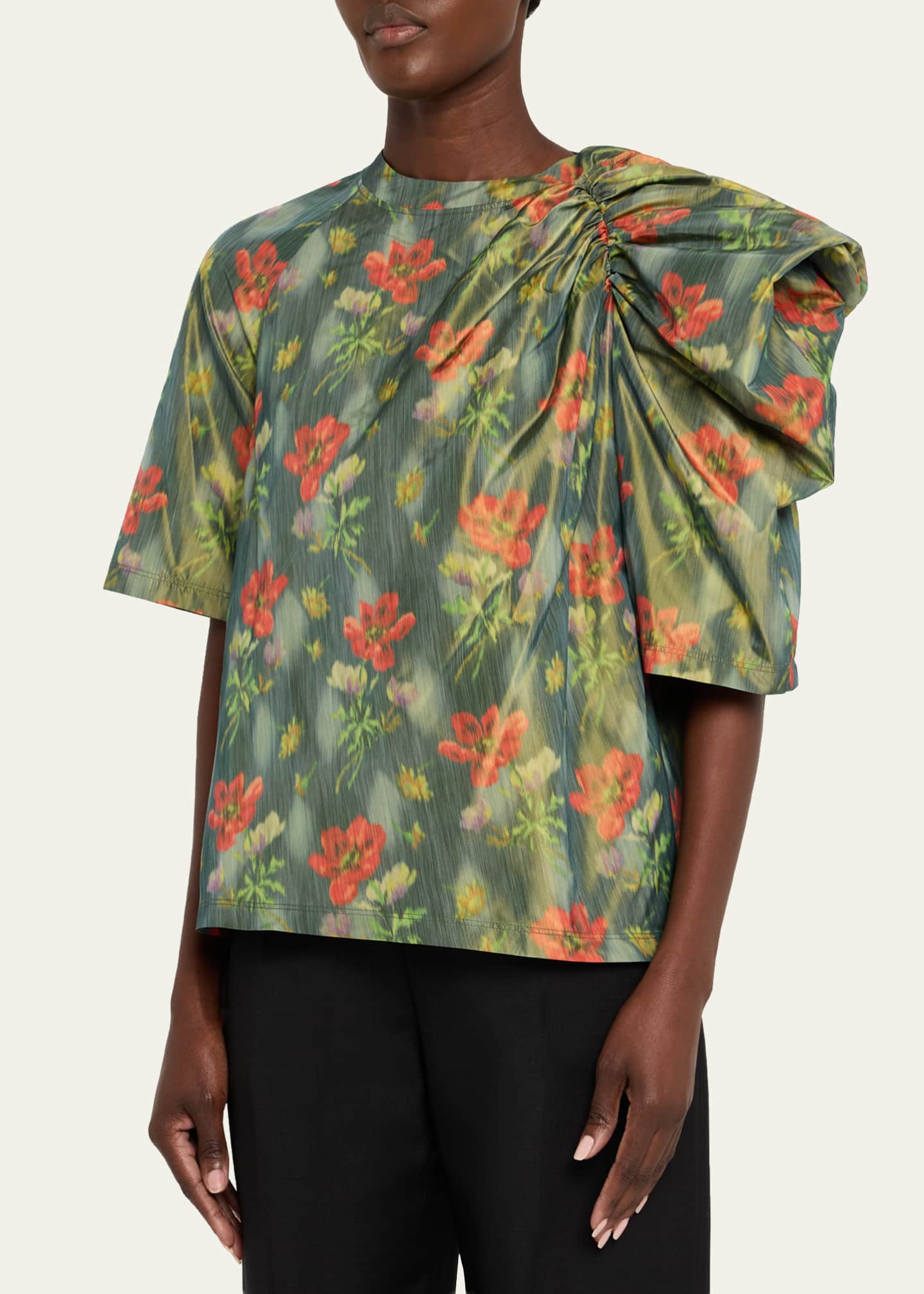 Floral Taffeta Asymmetric Puff Shoulder Top