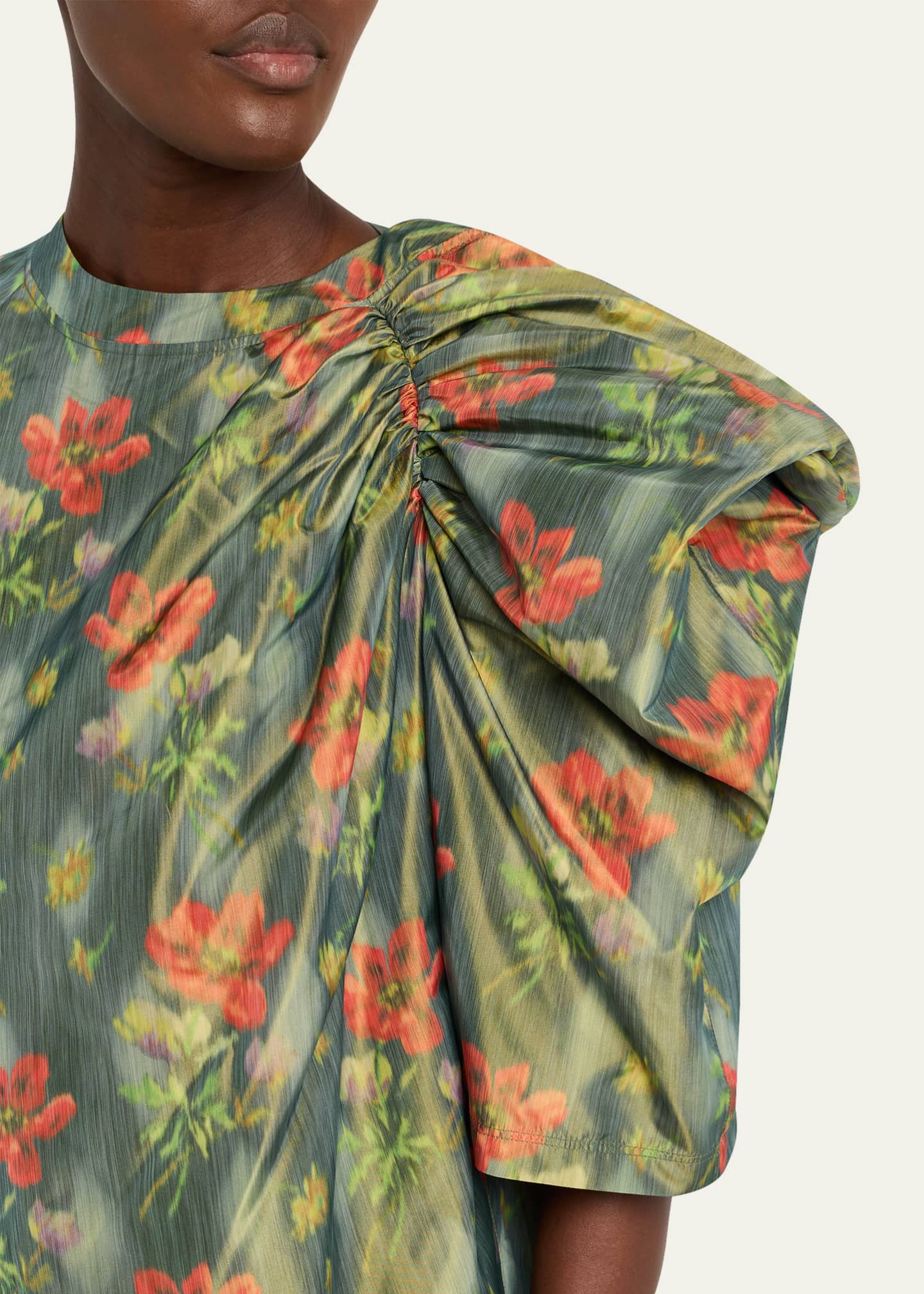 Floral Taffeta Asymmetric Puff Shoulder Top