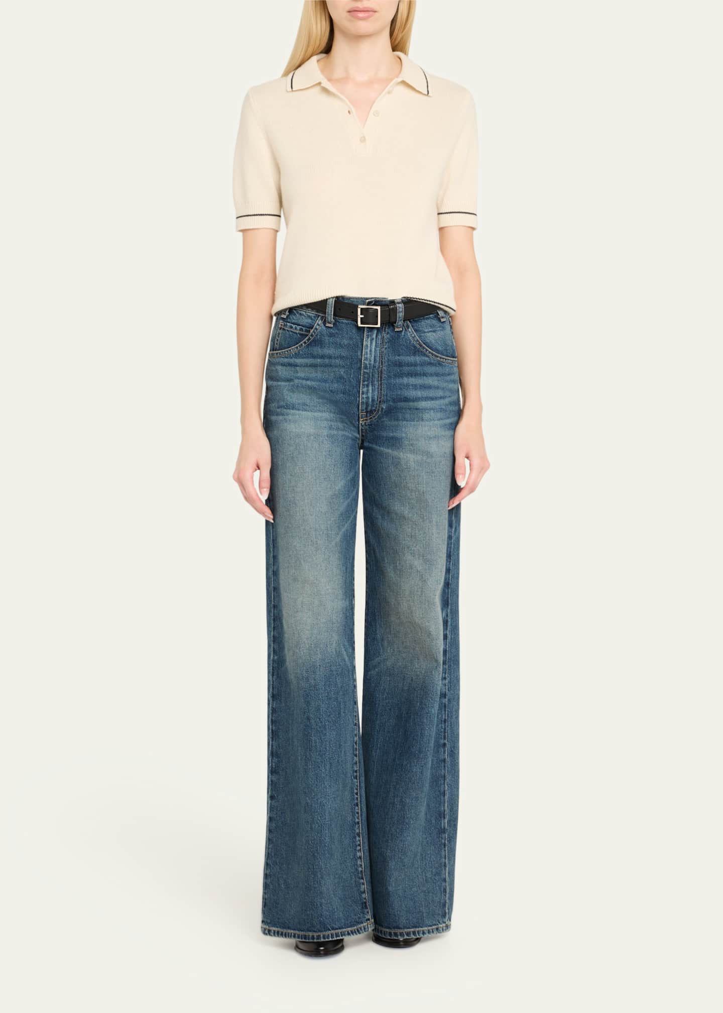 Nili Lotan Carline Short-Sleeve Cashmere Polo Sweater Image 2 of 5