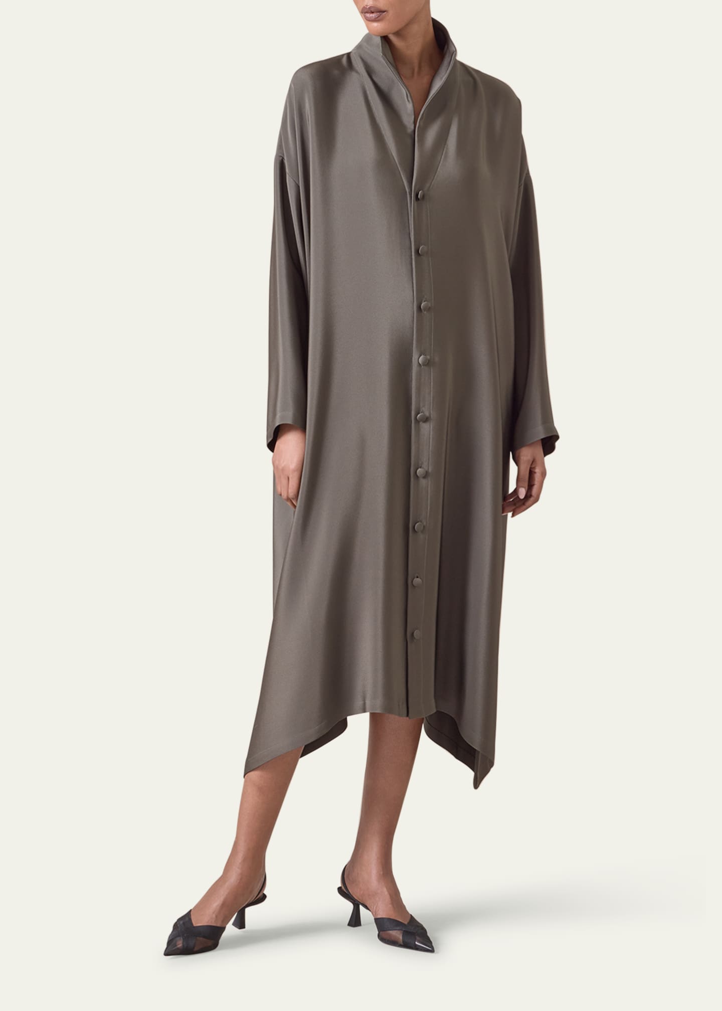 Eskandar Wide A-Line Midi Shirtdress With Open Standup Collar Image 2 of 4