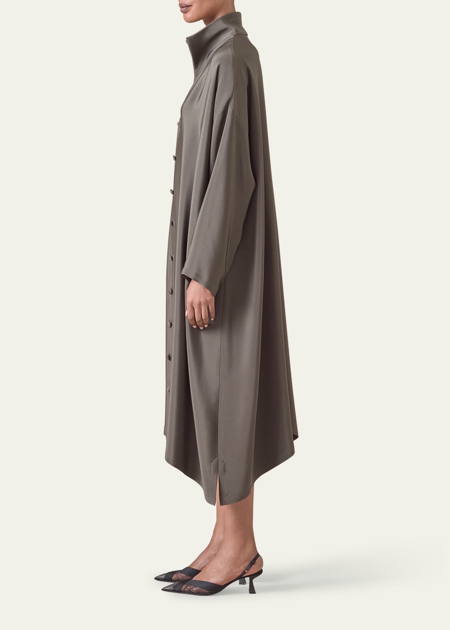 Eskandar Wide A-Line Midi Shirtdress With Open Standup Collar Image 4 of 4