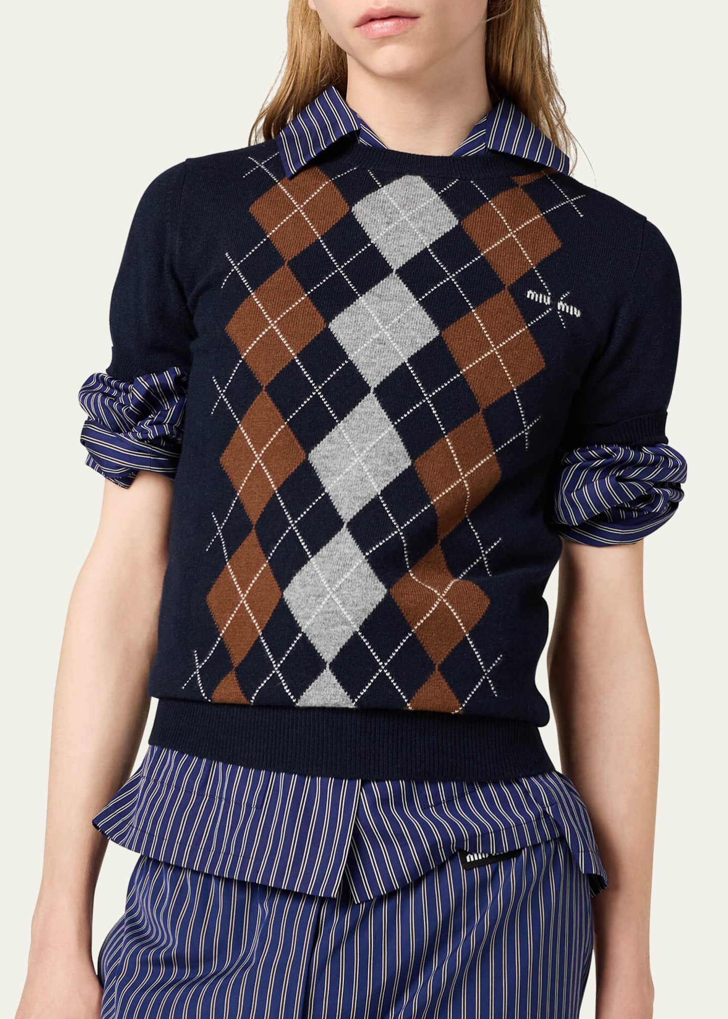 Miu Miu Cashmere Argyle Short-Sleeve Sweater - Bergdorf Goodman
