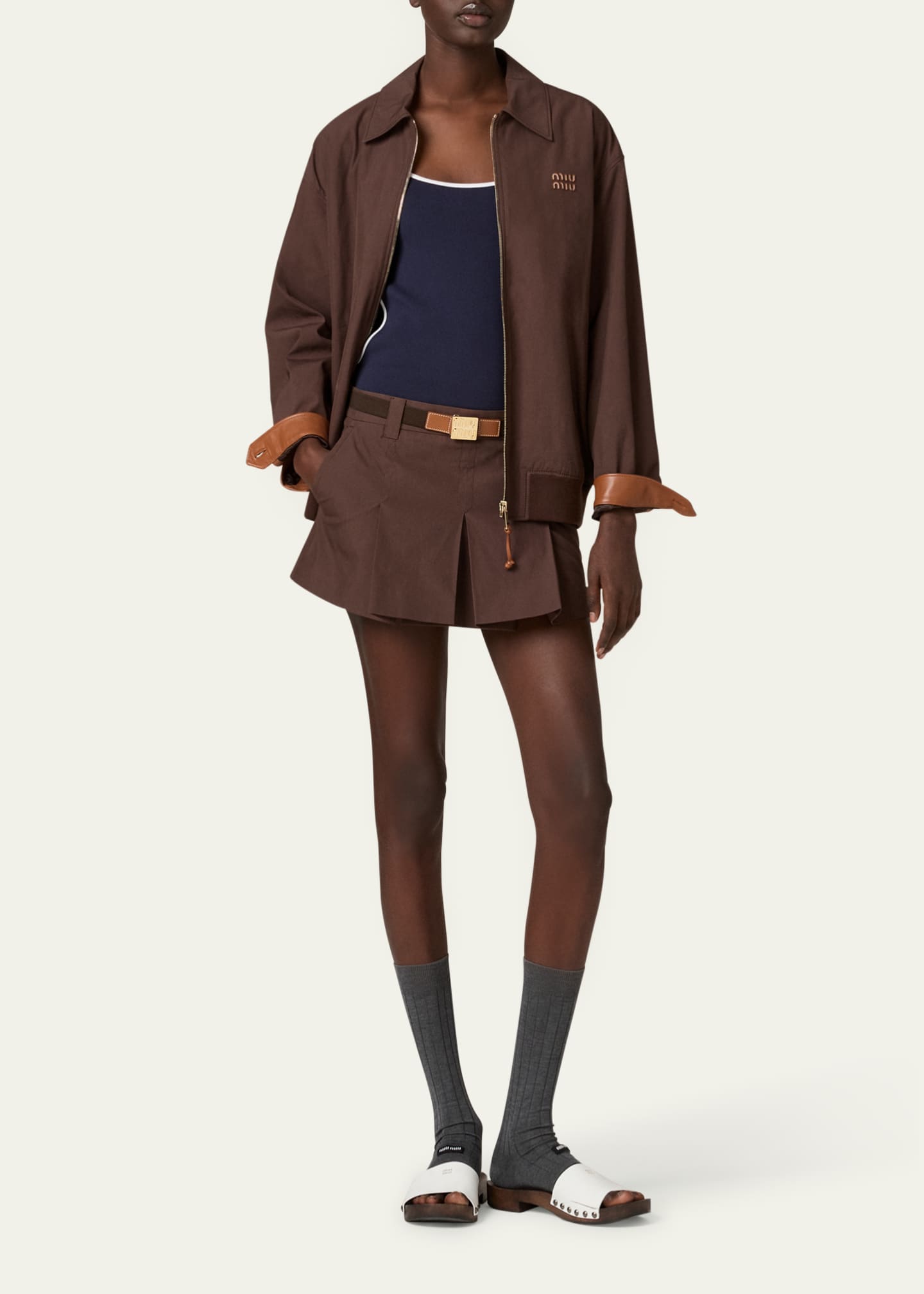 スカート MIU MIU Panama pleated mini skirt with belt Marrone Miu Miu Panama Mini Pleated Skirt - Bergdorf Goodman